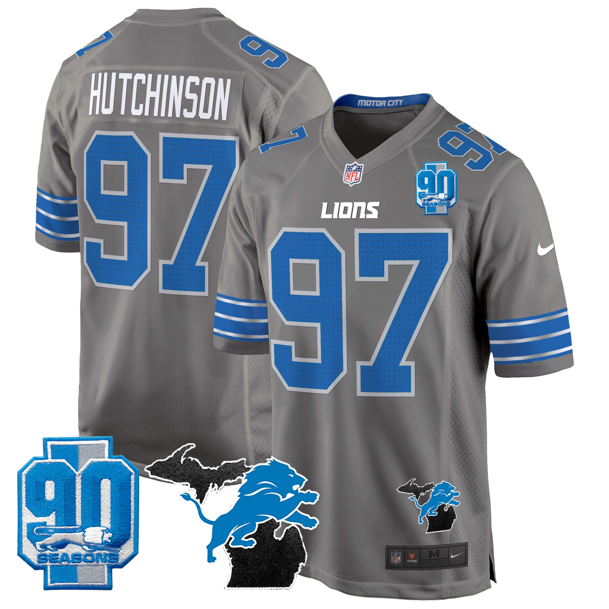 Men's Hutchinson Detroit Lions 2024 Michigan & 90th Year Patch Game Gray Jersey - All Stitched
