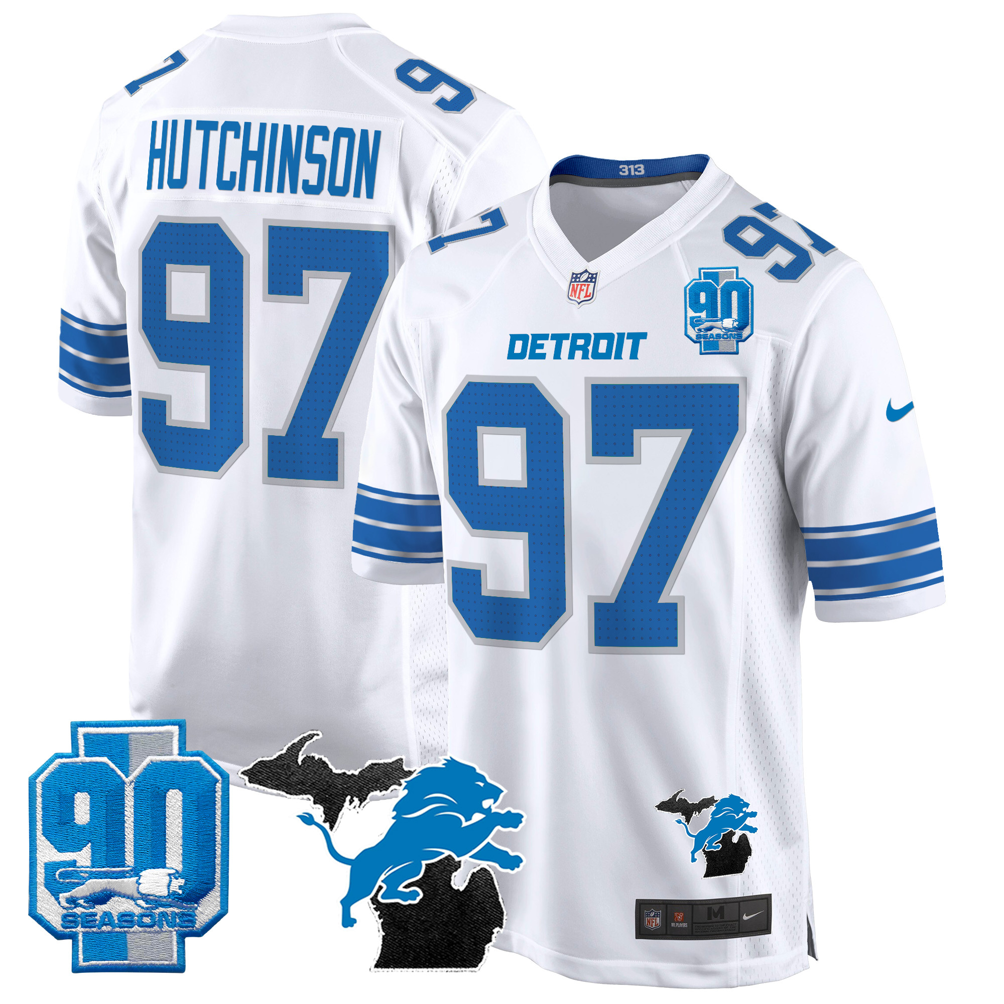 Men's Hutchinson Detroit Lions 2024 Michigan & 90th Year Patch Game White Jersey - All Stitched