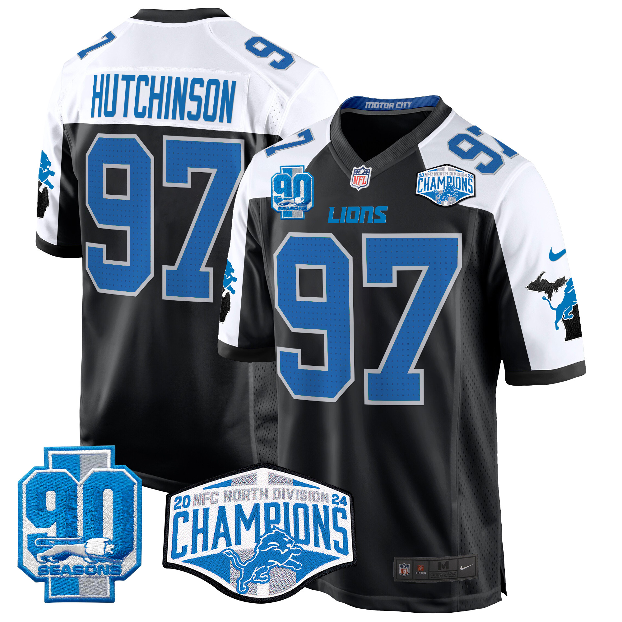 Men's Hutchinson Detroit Lions 2024 NFC North Division Champions Patch Game Black Alternate Jersey - All Stitched