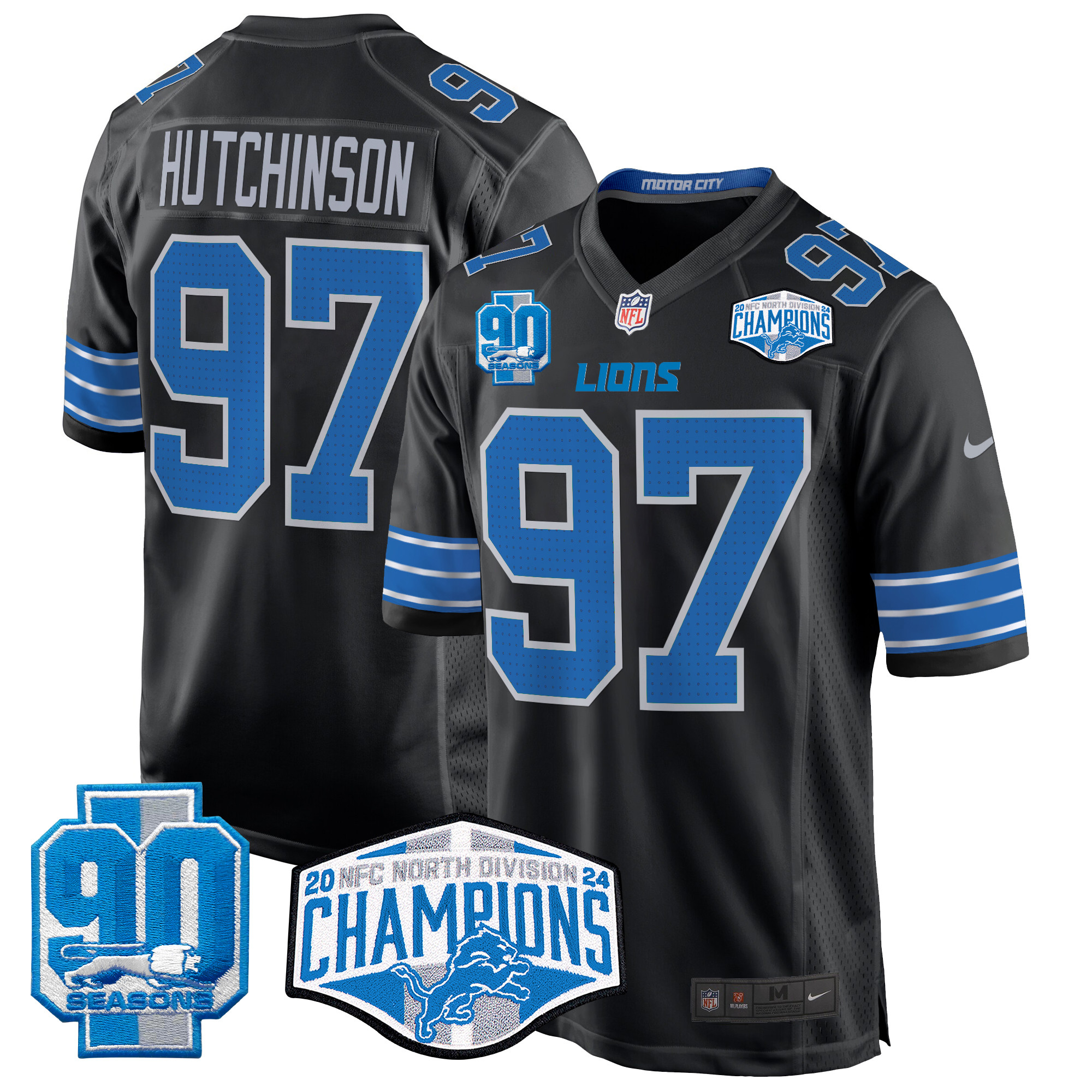 Men's Hutchinson Detroit Lions 2024 NFC North Division Champions Patch Game Black Jersey - All Stitched