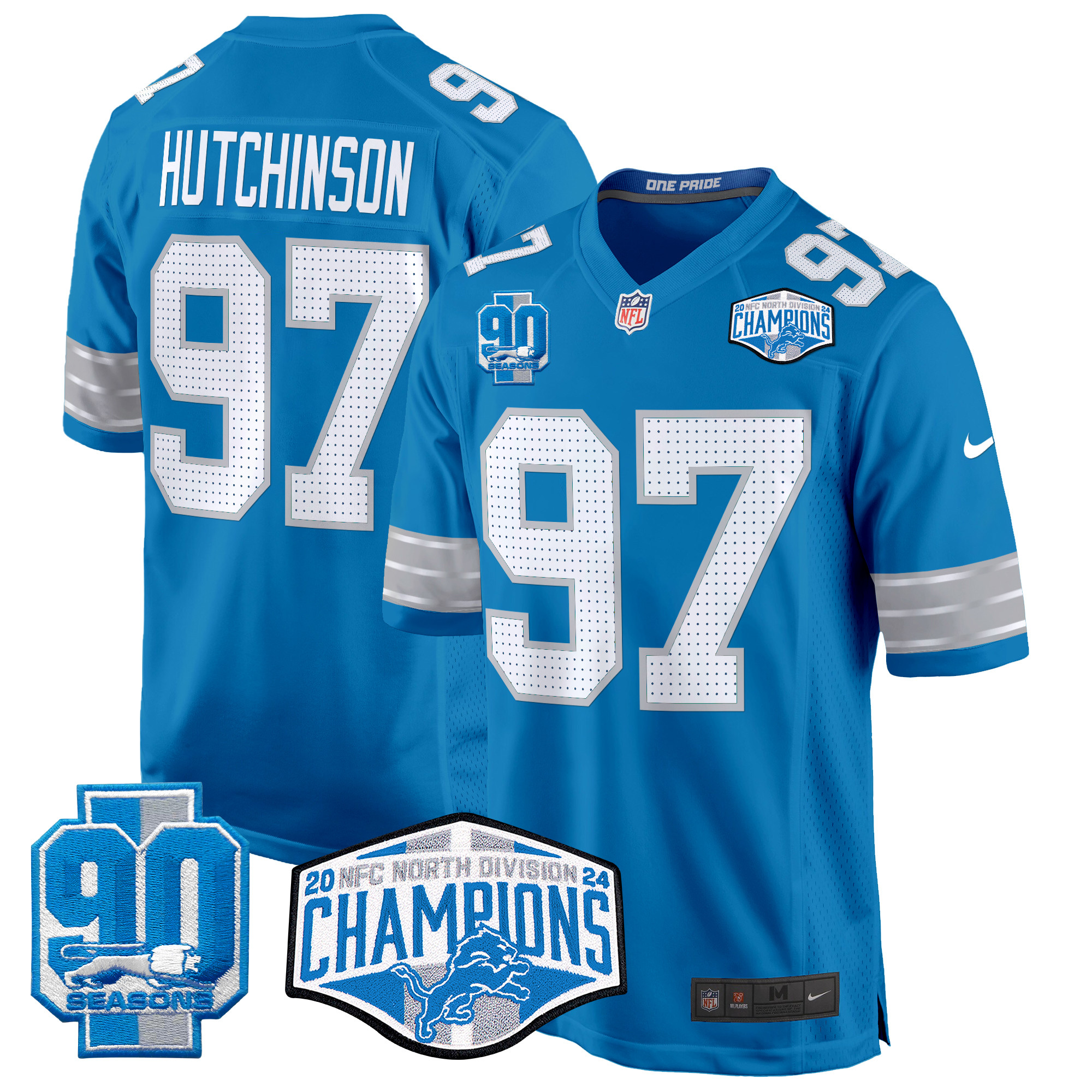 Men's Hutchinson Detroit Lions 2024 NFC North Division Champions Patch Game Blue Jersey - All Stitched