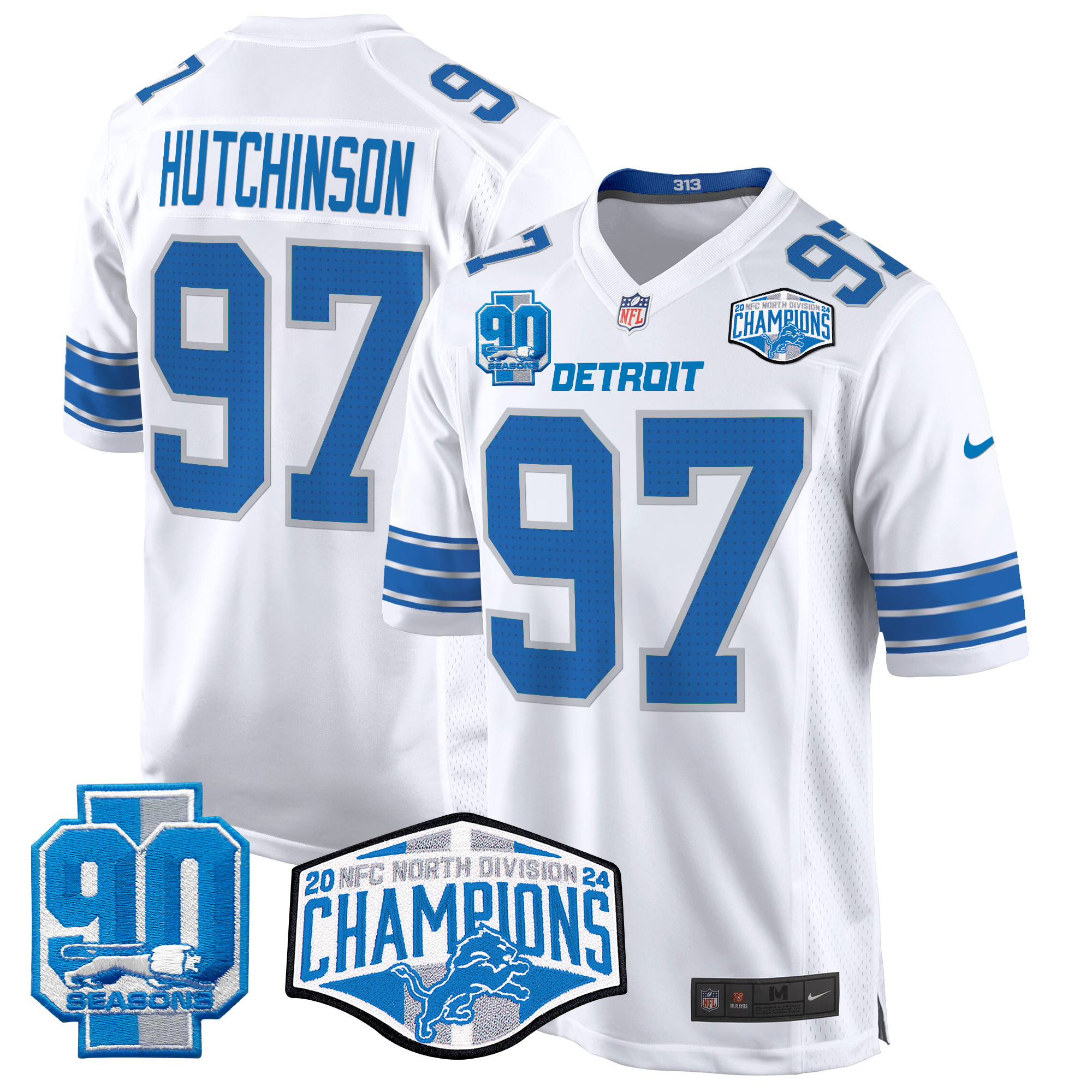 Men's Hutchinson Detroit Lions 2024 NFC North Division Champions Patch Game White Jersey - All Stitched