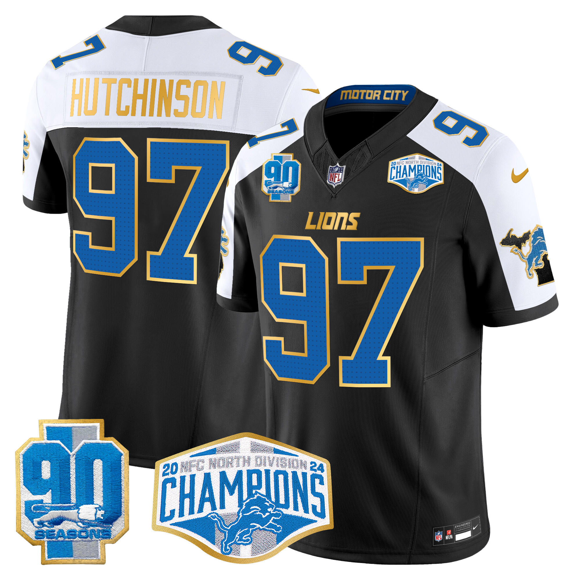 Men's Hutchinson Detroit Lions 2024 NFC North Division Champions Patch Gold Trim Vapor Limited Black Alternate Jersey - All Stitched