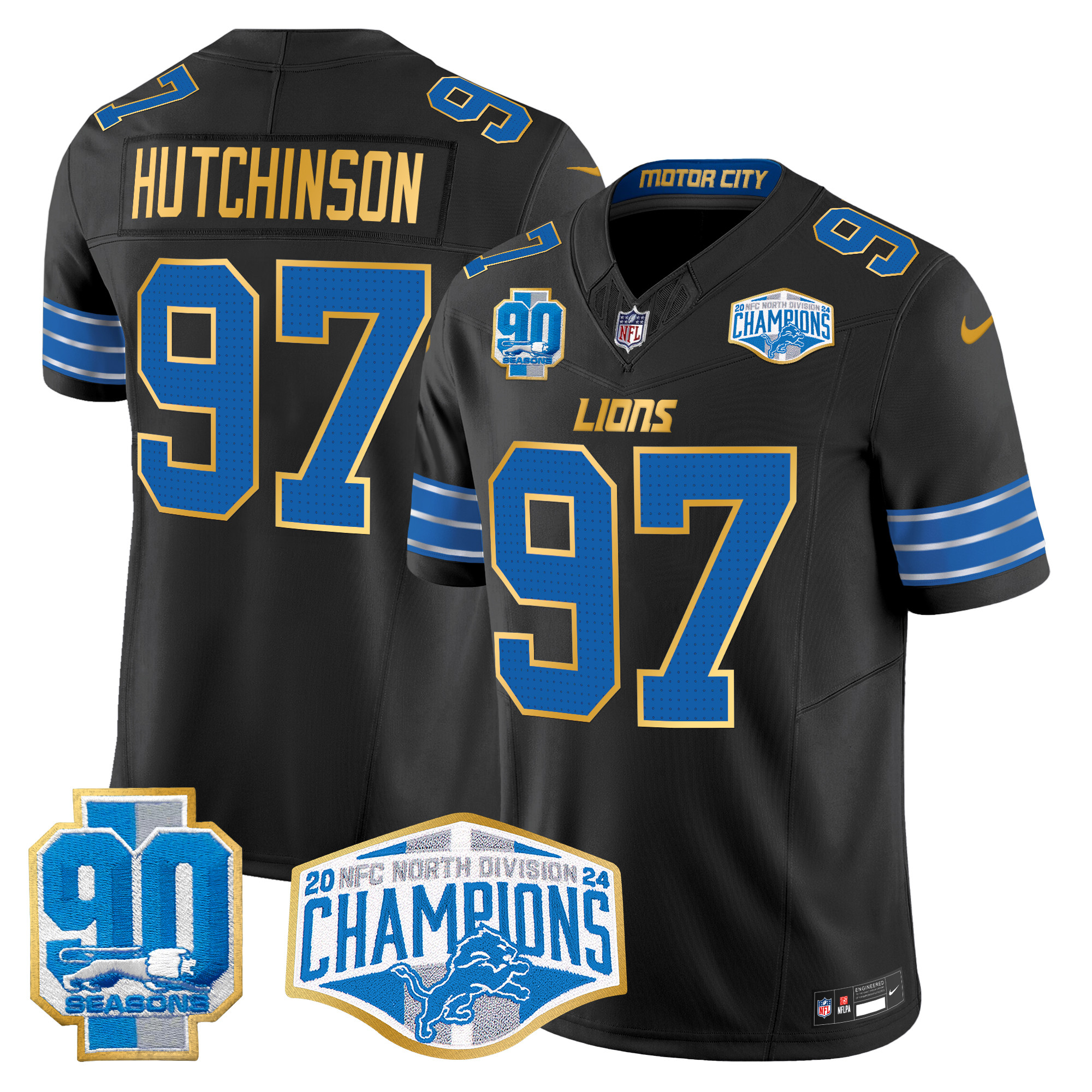 Men's Hutchinson Detroit Lions 2024 NFC North Division Champions Patch Gold Trim Vapor Limited Black Jersey - All Stitched