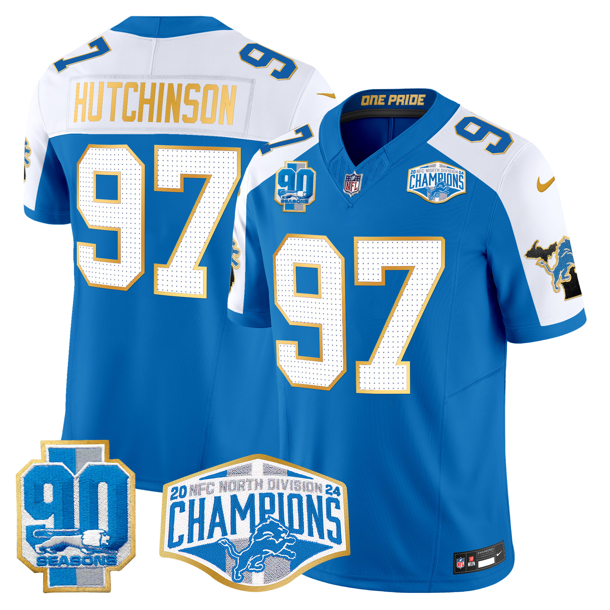 Men's Hutchinson Detroit Lions 2024 NFC North Division Champions Patch Gold Trim Vapor Limited Blue Alternate Jersey - All Stitched
