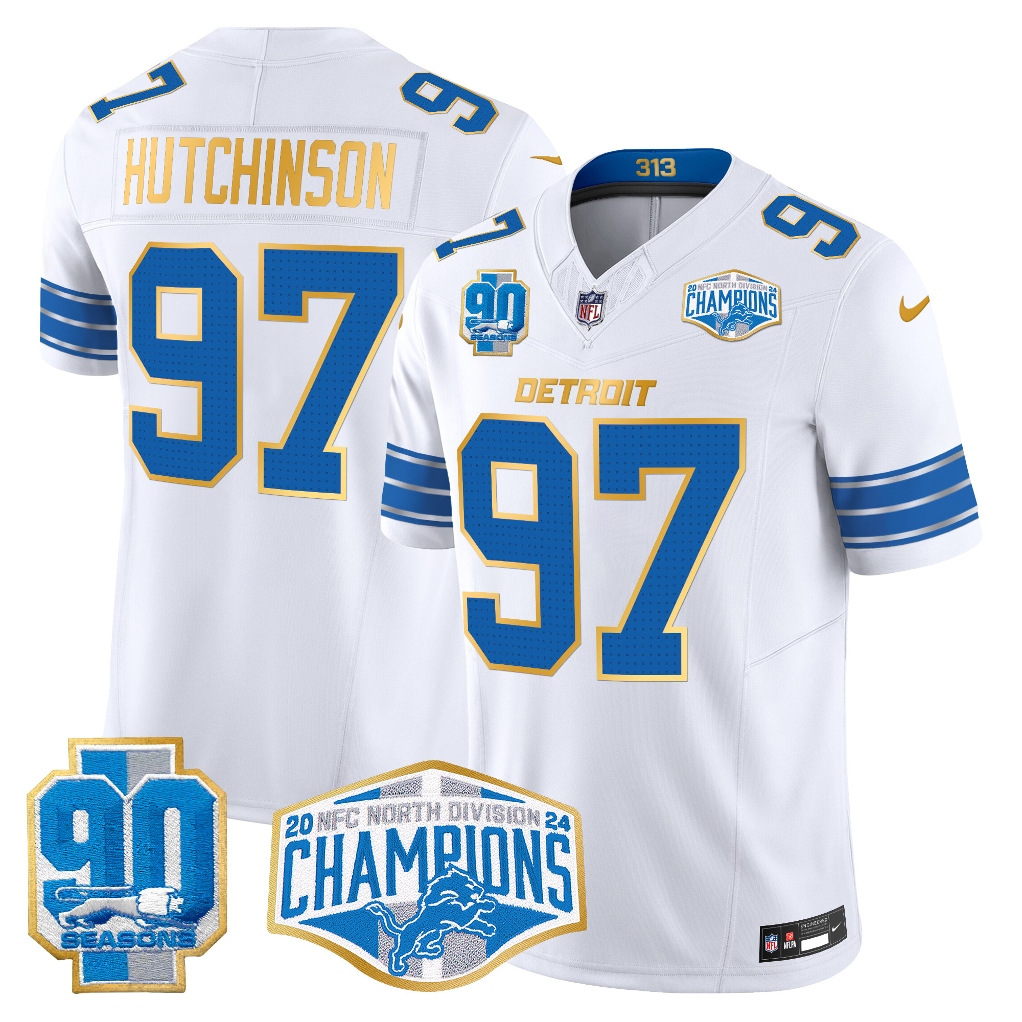 Men's Hutchinson Detroit Lions 2024 NFC North Division Champions Patch Gold Trim Vapor Limited White Jersey - All Stitched