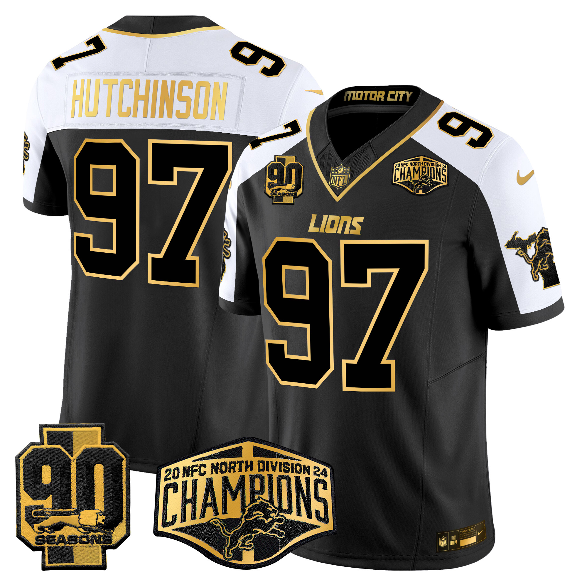 Men's Hutchinson Detroit Lions 2024 NFC North Division Champions Patch Gold Vapor Limited Alternate Jersey - All Stitched