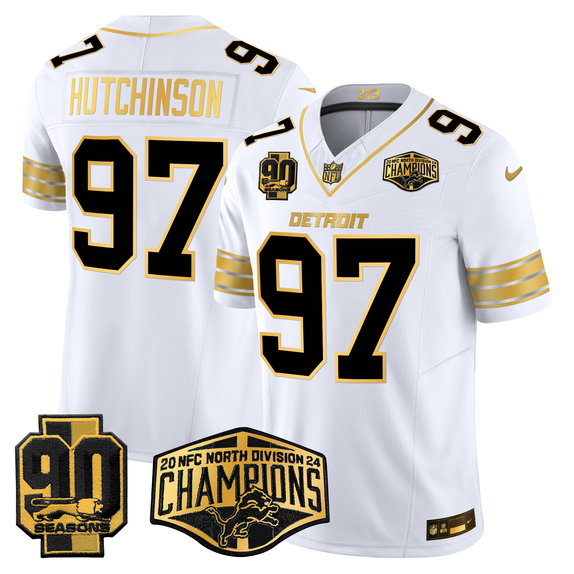 Men's Hutchinson Detroit Lions 2024 NFC North Division Champions Patch Gold Vapor Limited White Gold Jersey - All Stitched