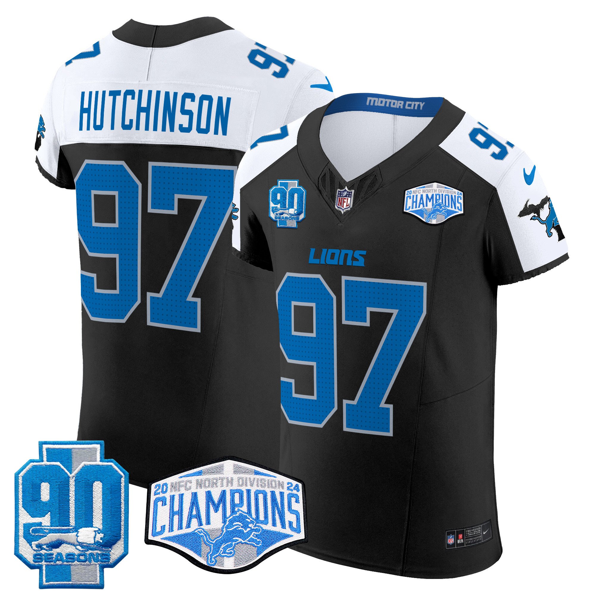 Men's Hutchinson Detroit Lions 2024 NFC North Division Champions Patch Vapor Elite Black Alternate Jersey - All Stitched
