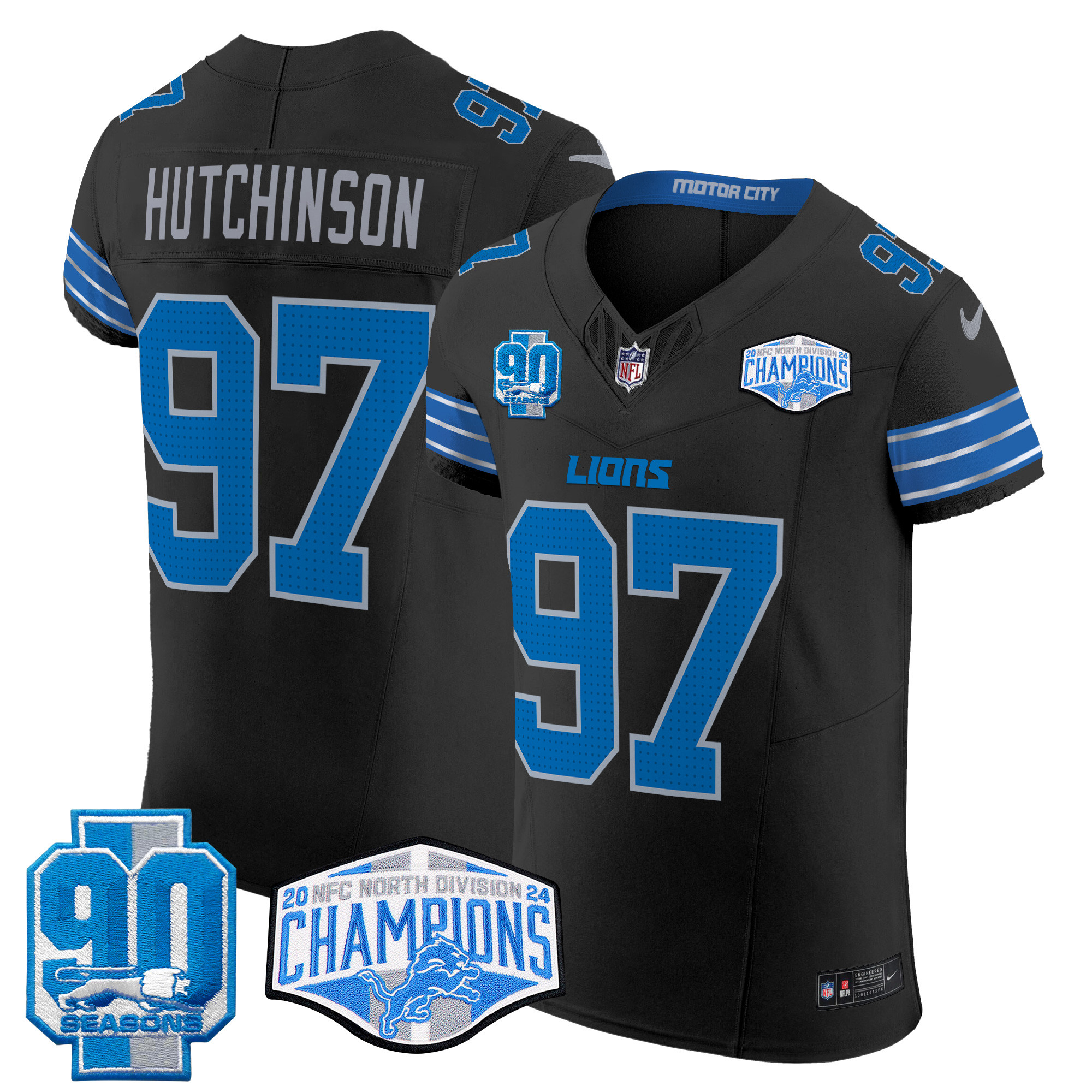 Men's Hutchinson Detroit Lions 2024 NFC North Division Champions Patch Vapor Elite Black Jersey - All Stitched