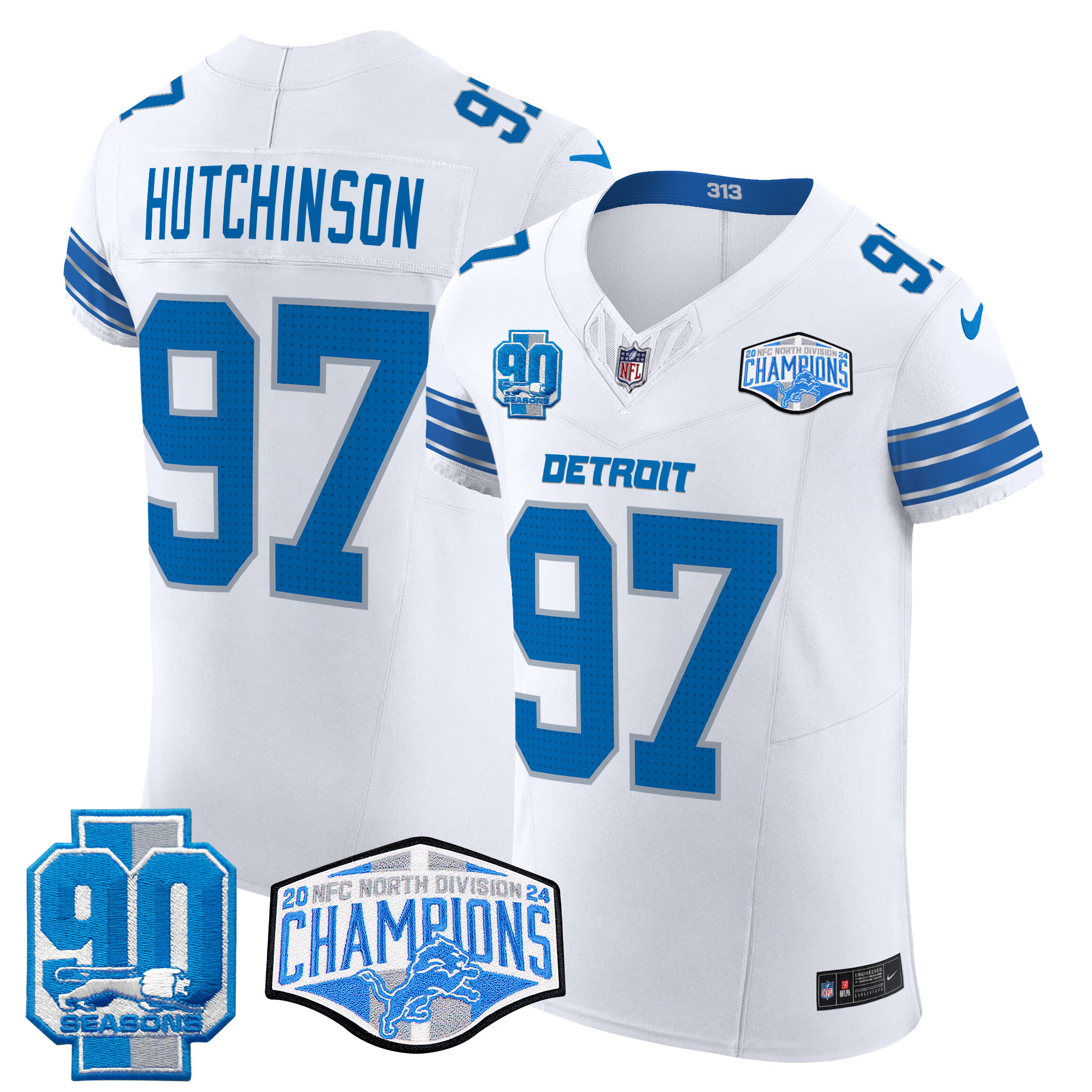 Men's Hutchinson Detroit Lions 2024 NFC North Division Champions Patch Vapor Elite White Jersey - All Stitched