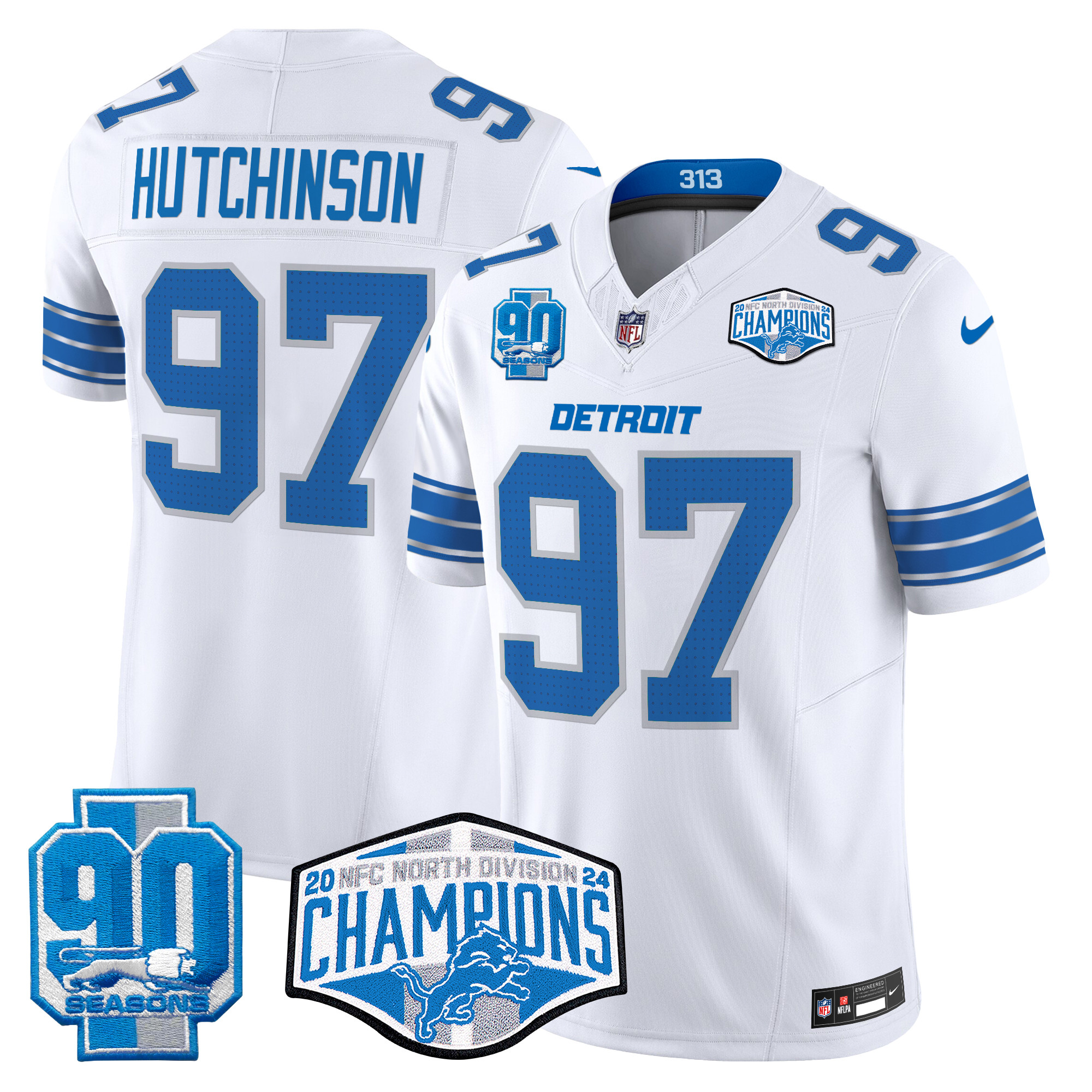 Men's Hutchinson Detroit Lions 2024 NFC North Division Champions Patch Vapor Limited White Jersey - All Stitched
