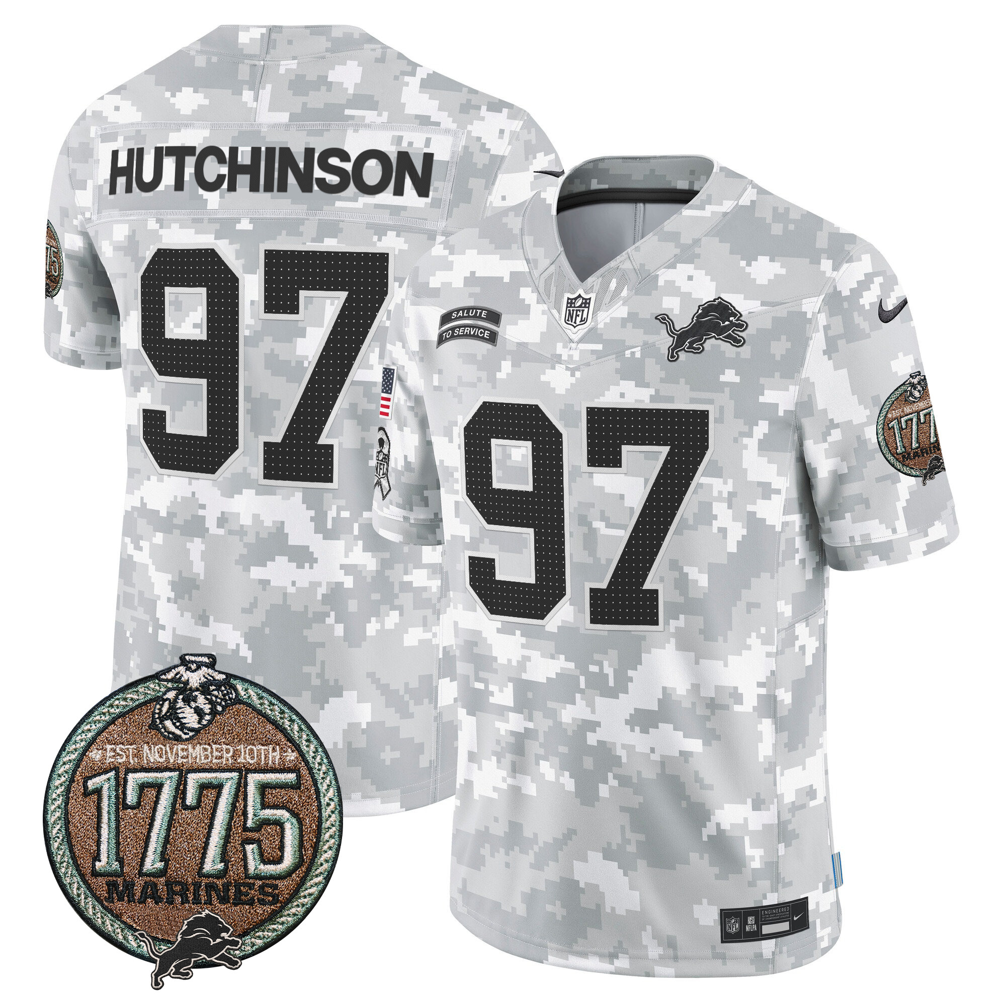 Men's Hutchinson Detroit Lions 2024 Salute to Service Establishment Year Patch Vapor Limited Marines Jersey - All Stitched