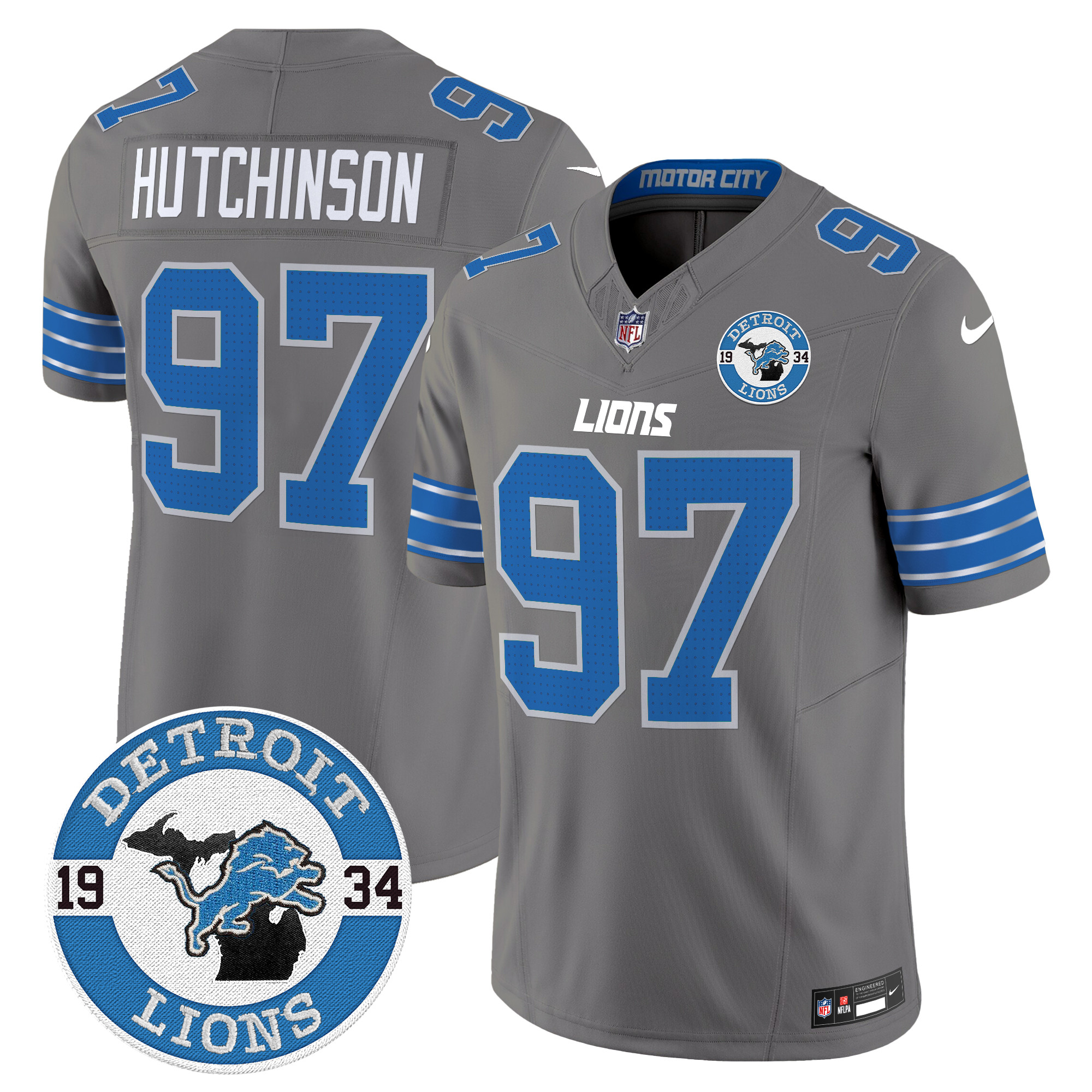 Men's Hutchinson Detroit Lions 2024 Vapor Limited Gray Jersey - All Stitched