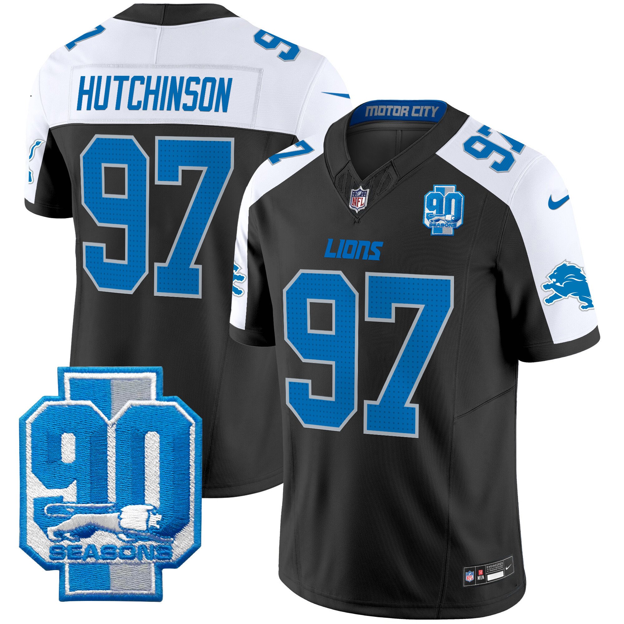 Men's Hutchinson Detroit Lions 90th Year Patch Vapor Limited Black Alternate Jersey - All Stitched