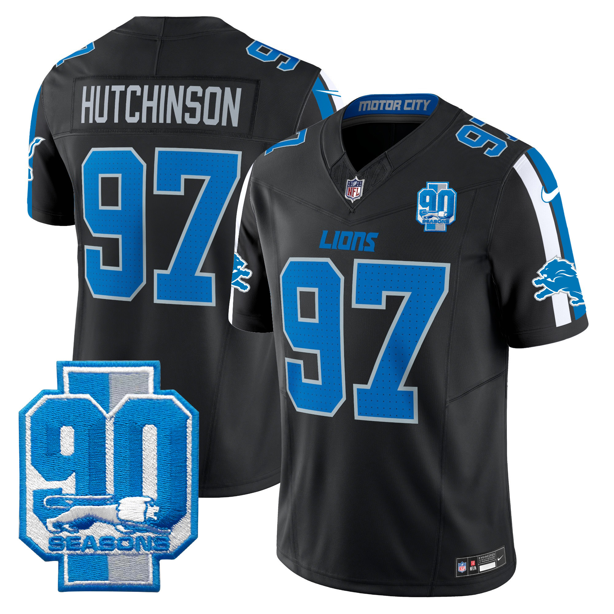 Men's Hutchinson Detroit Lions 90th Year Patch Vapor Limited Black Jersey - All Stitched