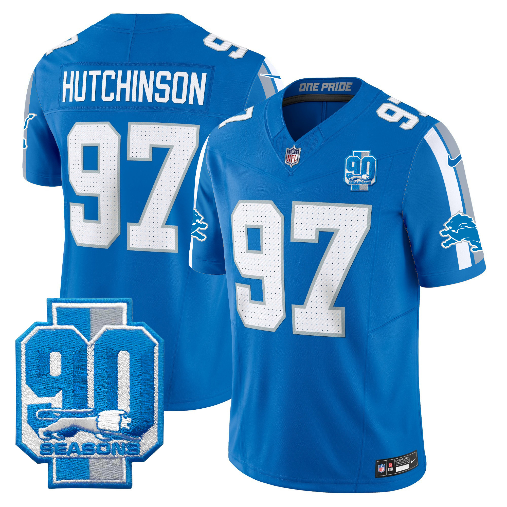 Men's Hutchinson Detroit Lions 90th Year Patch Vapor Limited Blue Jersey - All Stitched