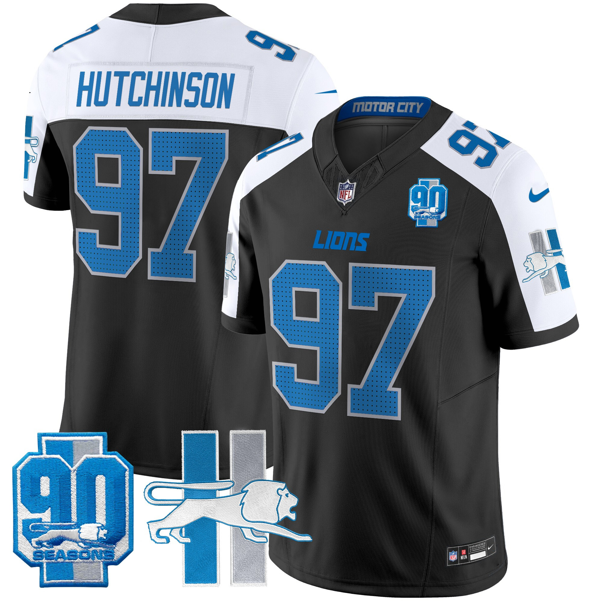 Men's Hutchinson Detroit Lions Throwback 90th Year Patch Vapor Limited Black Alternate Jersey - All Stitched