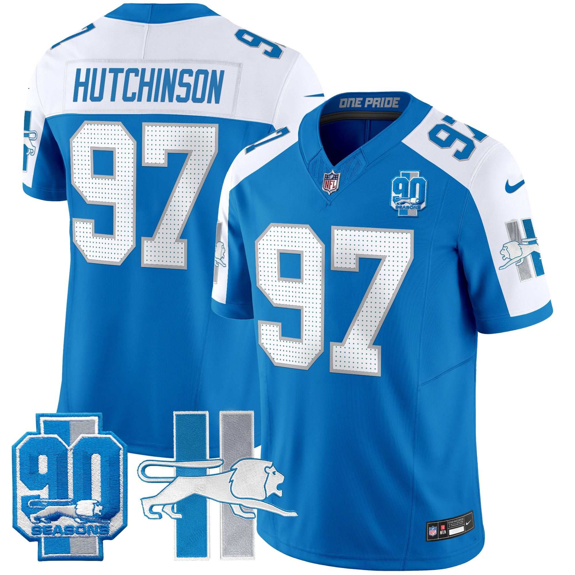 Men's Hutchinson Detroit Lions Throwback 90th Year Patch Vapor Limited Blue Alternate Jersey - All Stitched