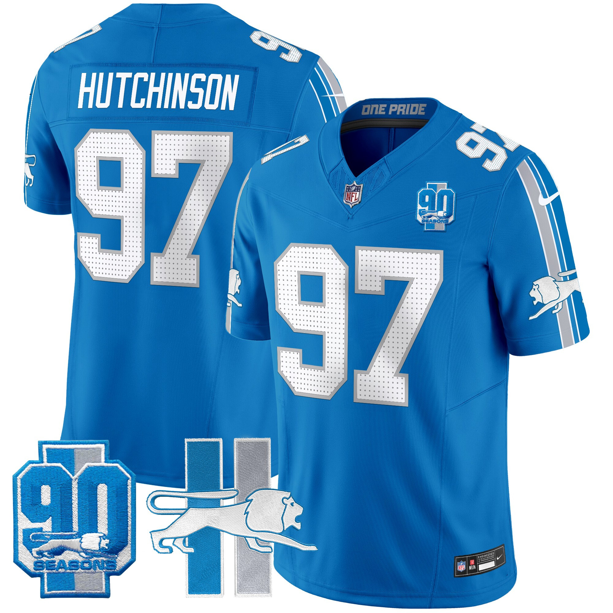 Men's Hutchinson Detroit Lions Throwback 90th Year Patch Vapor Limited Blue Jersey - All Stitched
