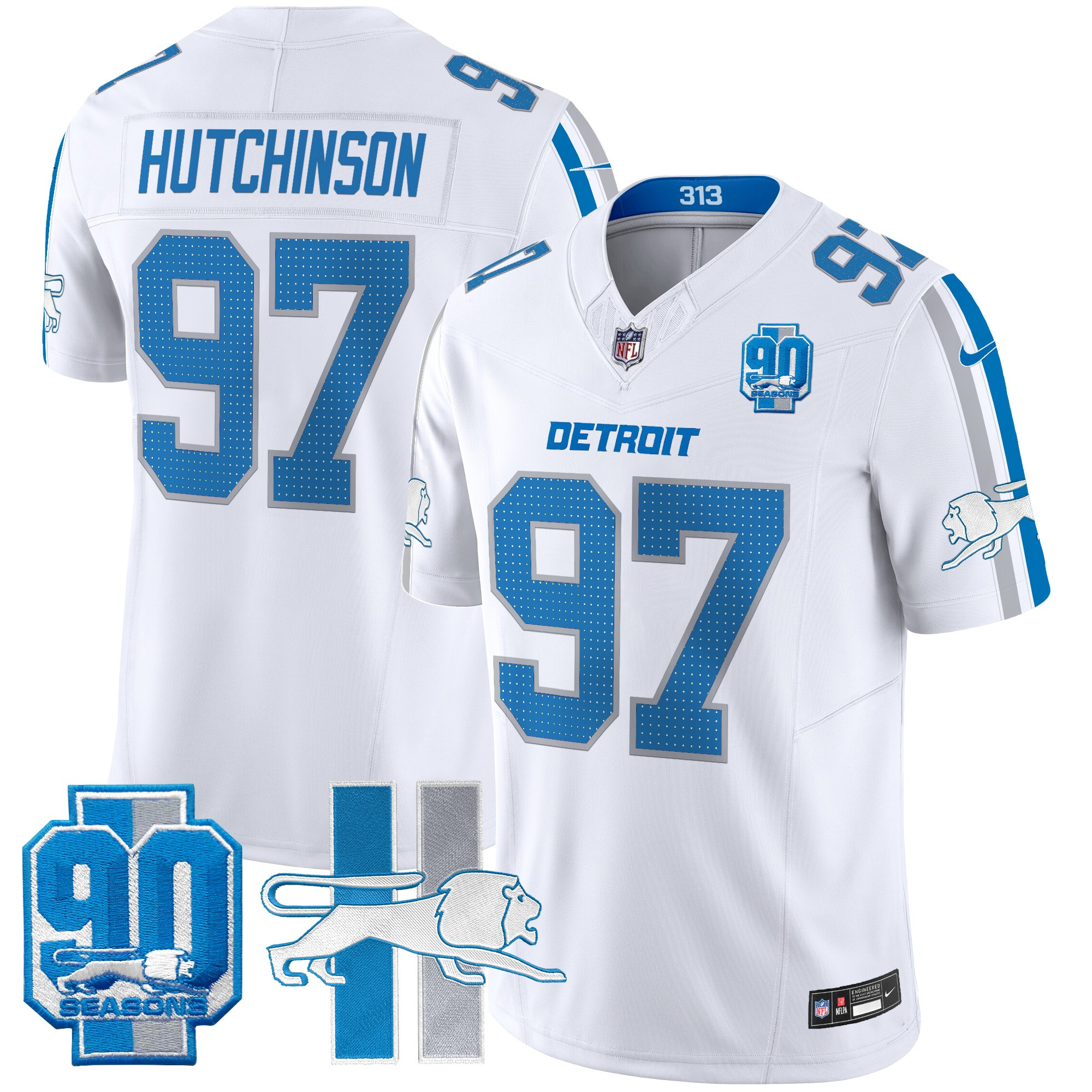 Men's Hutchinson Detroit Lions Throwback 90th Year Patch Vapor Limited White Jersey - All Stitched
