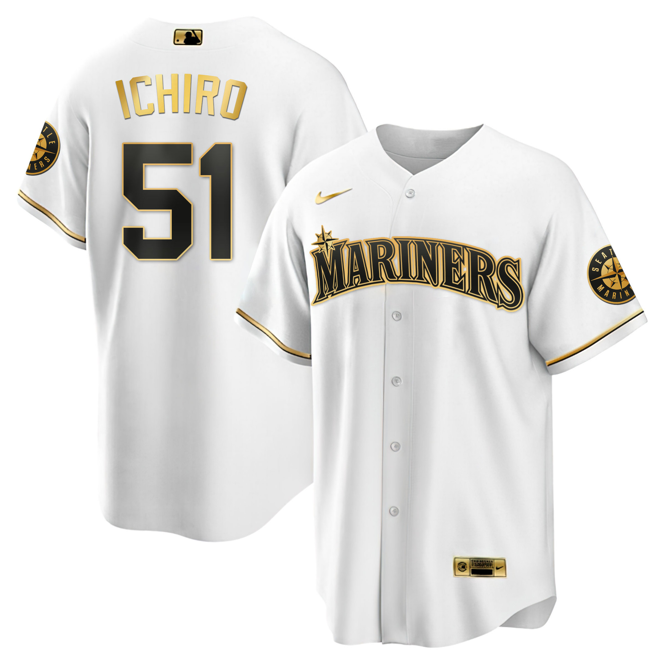 Men's Ichiro Suzuki Seattle Mariners White Gold & Black Gold Cool White Jersey - All Stitched