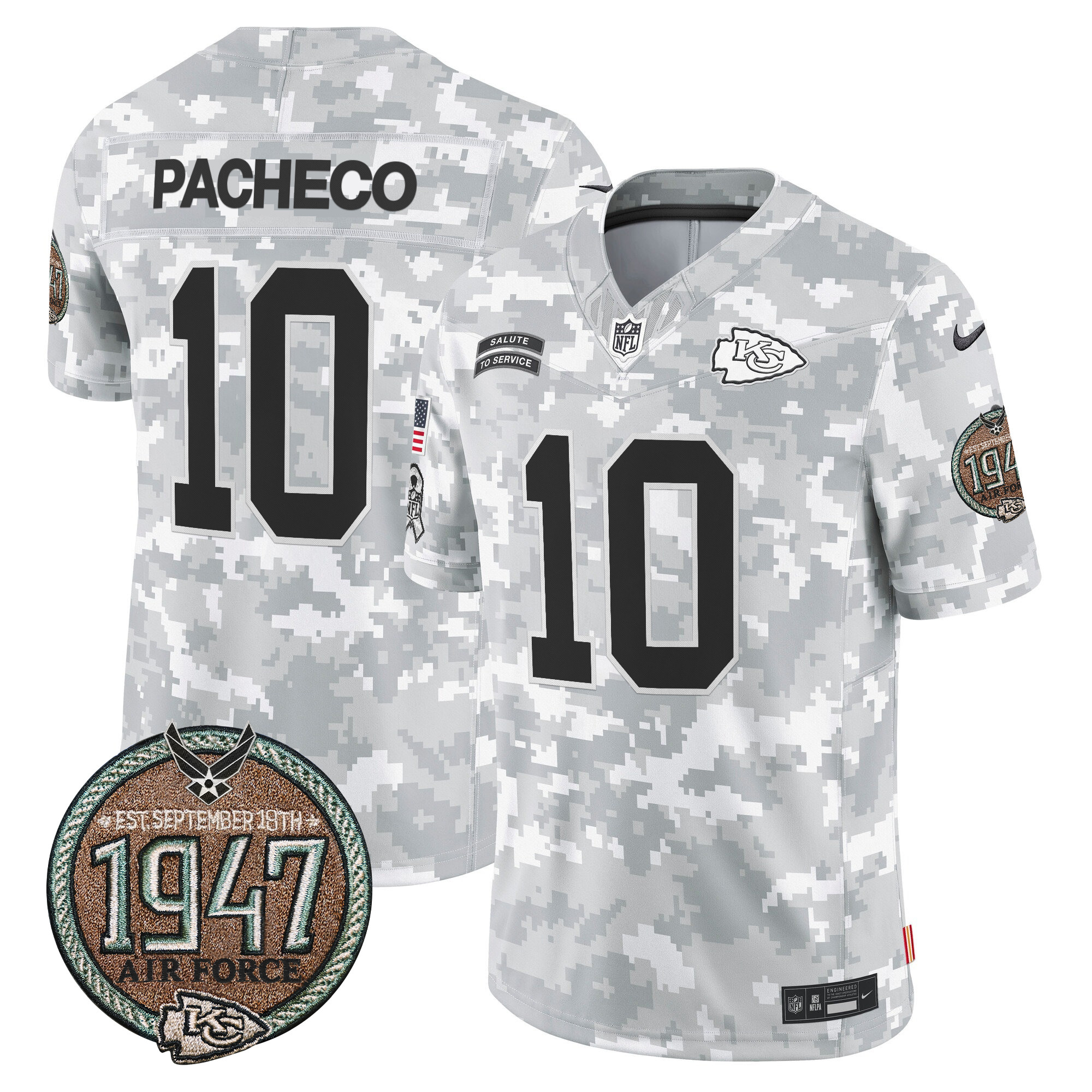 Men's Isiah Pacheco Kansas City Chiefs 2024 Salute to Service Establishment Year Patch Vapor Limited Air Force Jersey - All Stitched