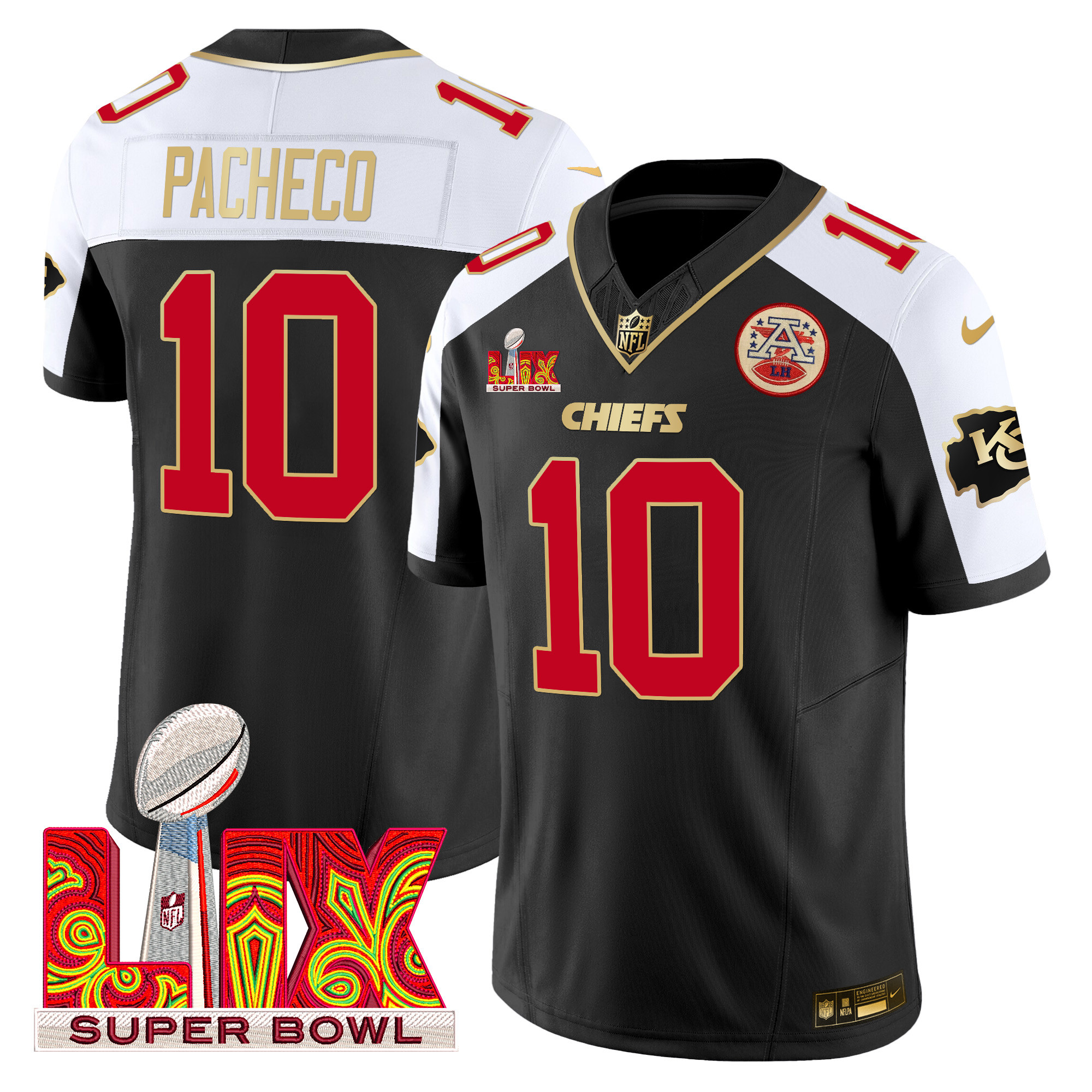 Men's Isiah Pacheco Kansas City Chiefs Super Bowl LIX Patch Gold Trim Vapor Limited Black Alternate Jersey - All Stitched