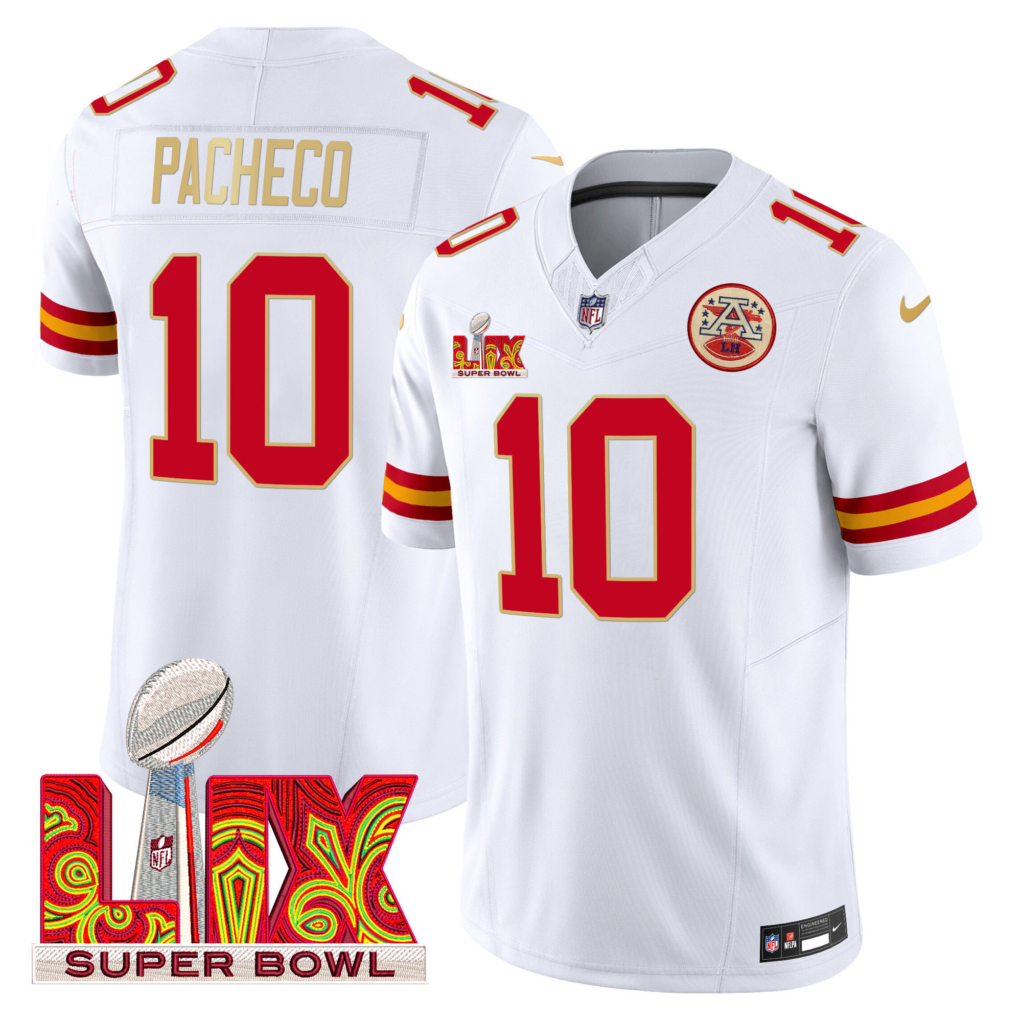 Men's Isiah Pacheco Kansas City Chiefs Super Bowl LIX Patch Gold Trim Vapor Limited White Jersey - All Stitched