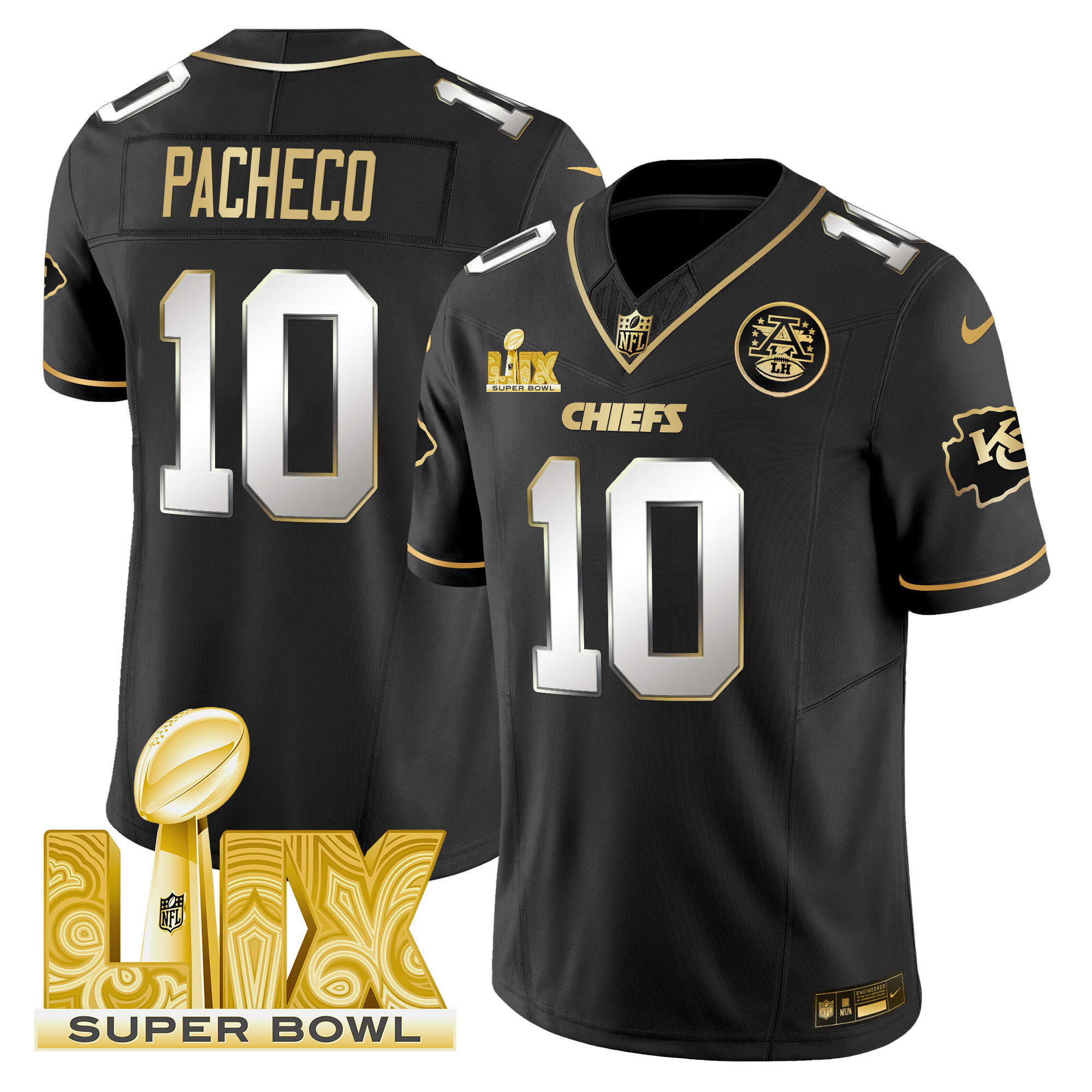 Men's Isiah Pacheco Kansas City Chiefs Super Bowl LIX Patch Gold Vapor Limited Black Limited Jersey - All Stitched