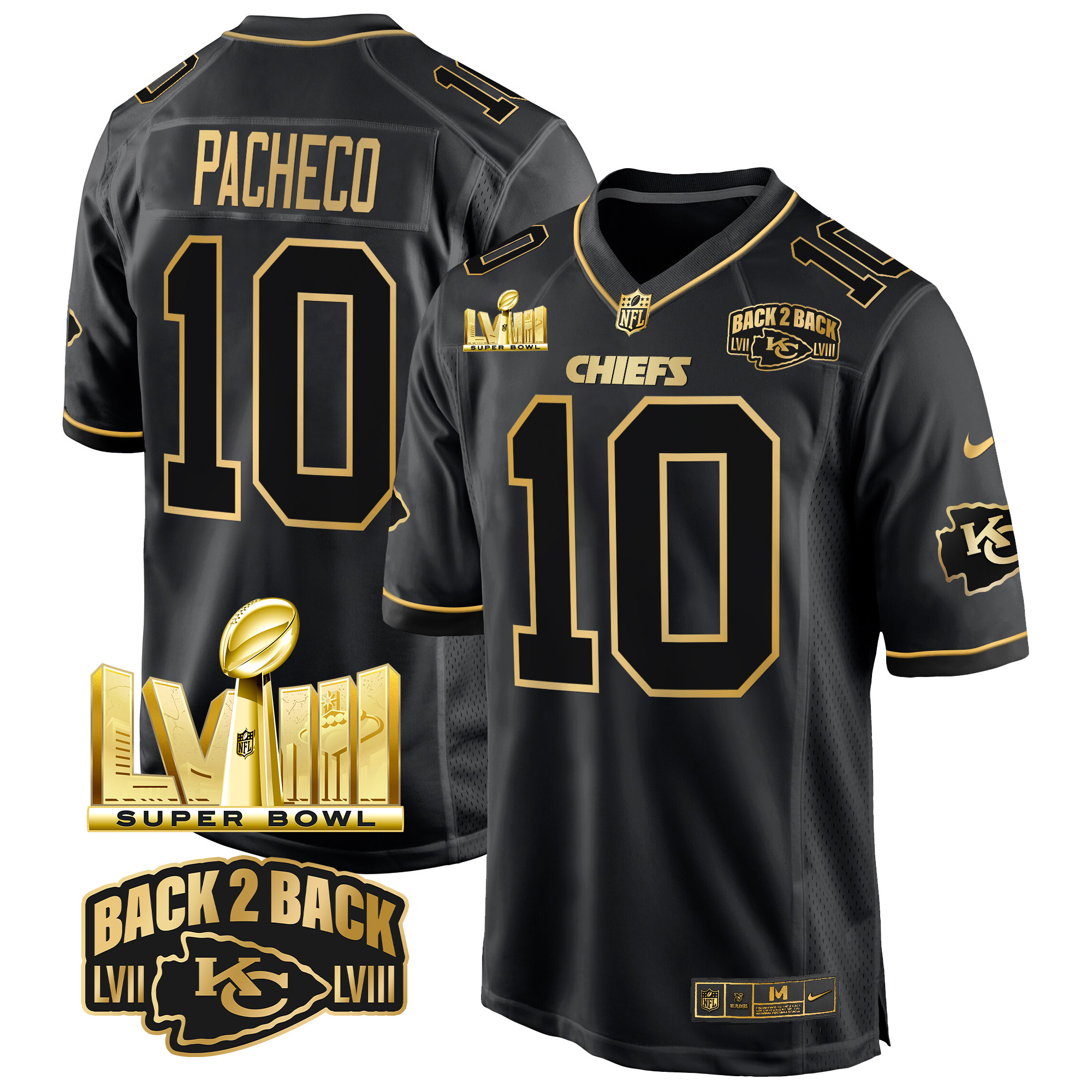 Men's Isiah Pacheco Kansas City Chiefs Super Bowl LVIII & Back 2 Back Gold Game Black Gold Jersey - All Stitched