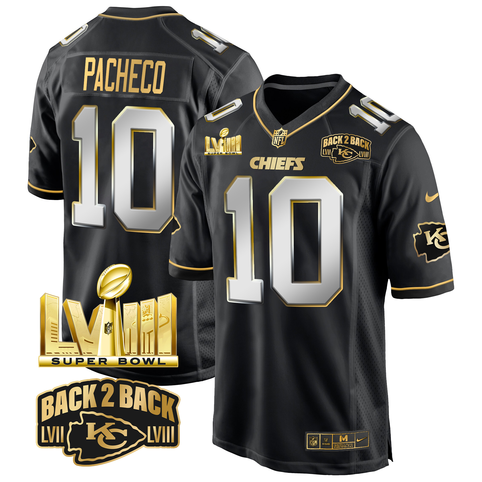 Men's Isiah Pacheco Kansas City Chiefs Super Bowl LVIII & Back 2 Back Gold Game Black Limited Jersey - All Stitched