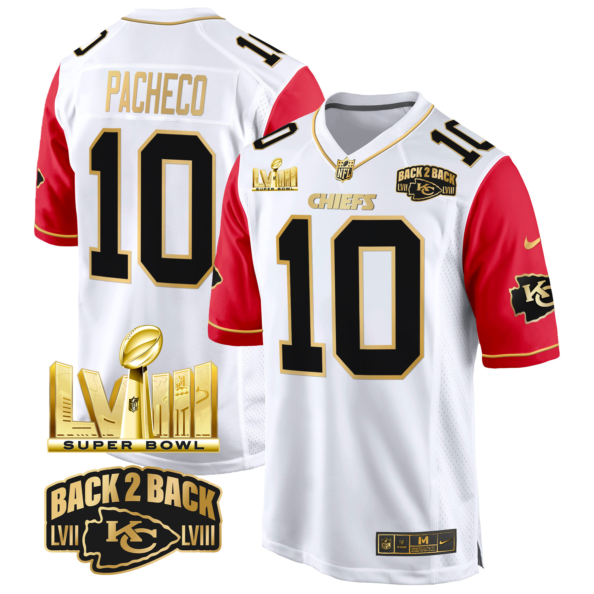 Men's Isiah Pacheco Kansas City Chiefs Super Bowl LVIII & Back 2 Back Gold Game Color Sleeves Jersey - All Stitched