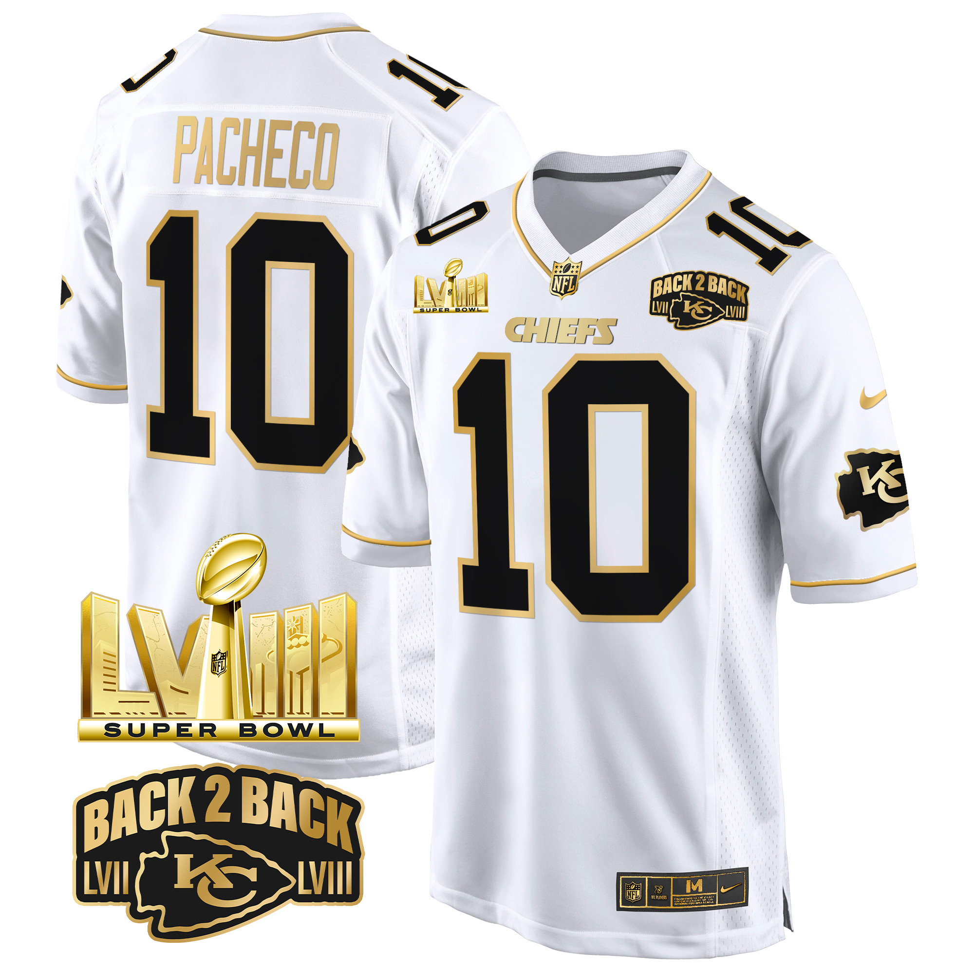 Men's Isiah Pacheco Kansas City Chiefs Super Bowl LVIII & Back 2 Back Gold Game White Gold Jersey - All Stitched
