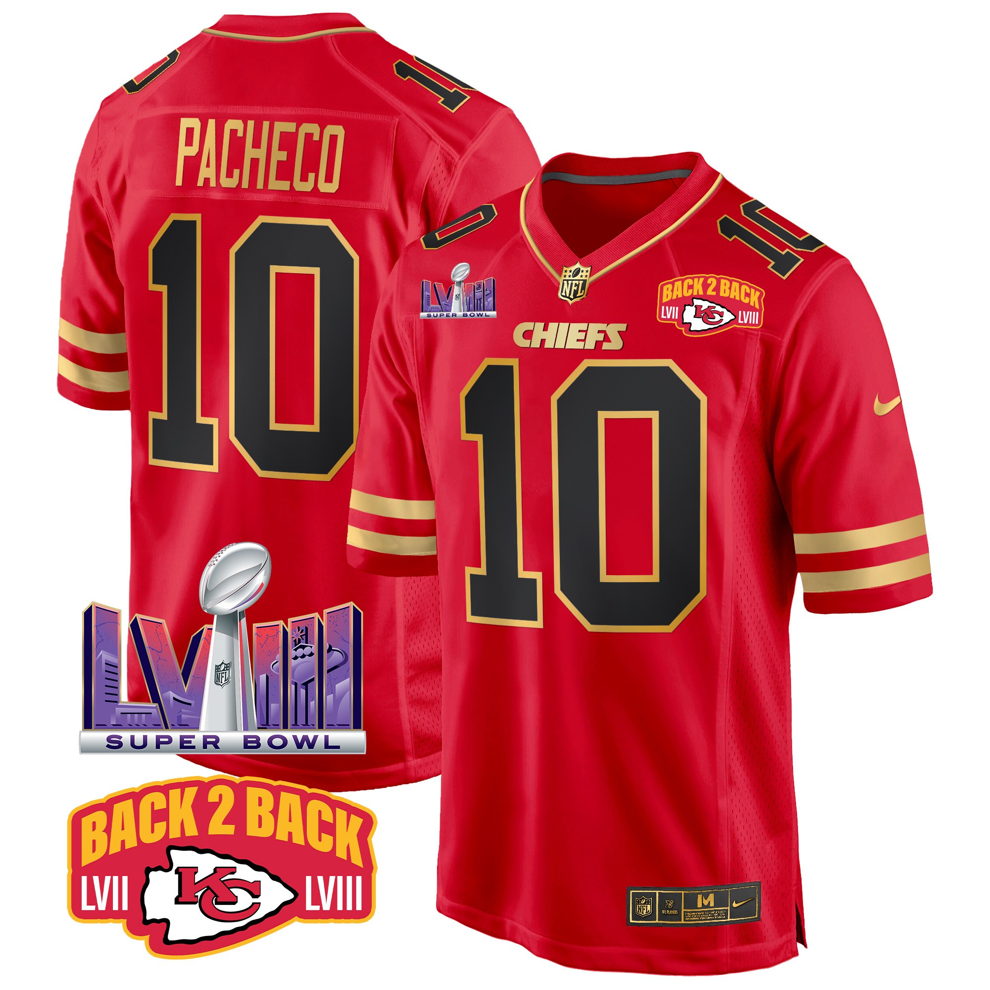 Men's Isiah Pacheco Kansas City Chiefs Super Bowl LVIII & Back 2 Back Patch Game Black Red Jersey - All Stitched