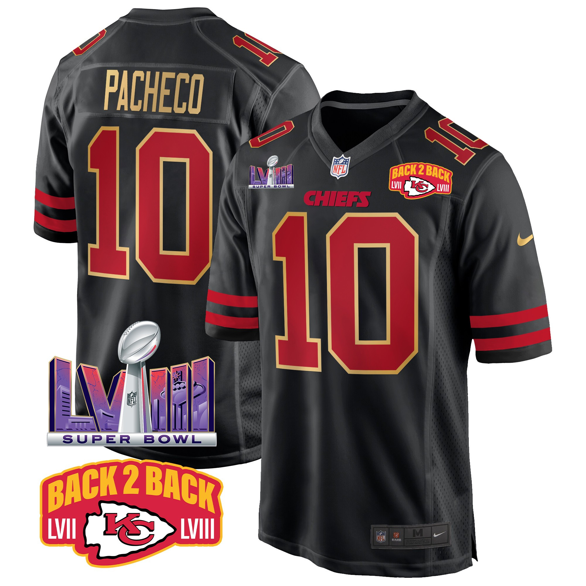 Men's Isiah Pacheco Kansas City Chiefs Super Bowl LVIII & Back 2 Back Patch Game Gold Trim Jersey - All Stitched