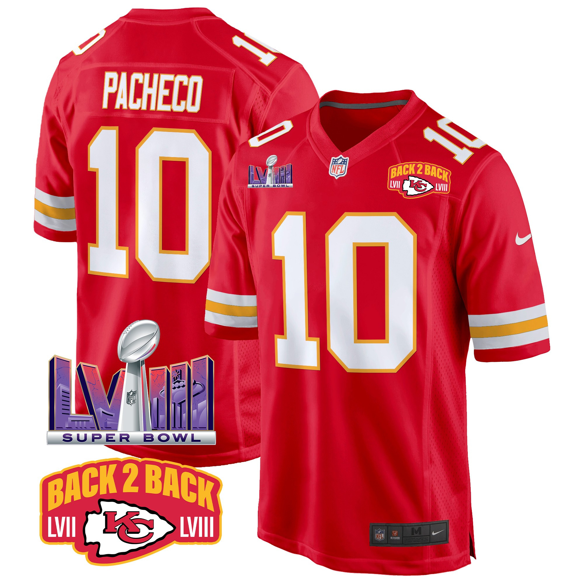 Men's Isiah Pacheco Kansas City Chiefs Super Bowl LVIII & Back 2 Back Patch Game Red Jersey - All Stitched