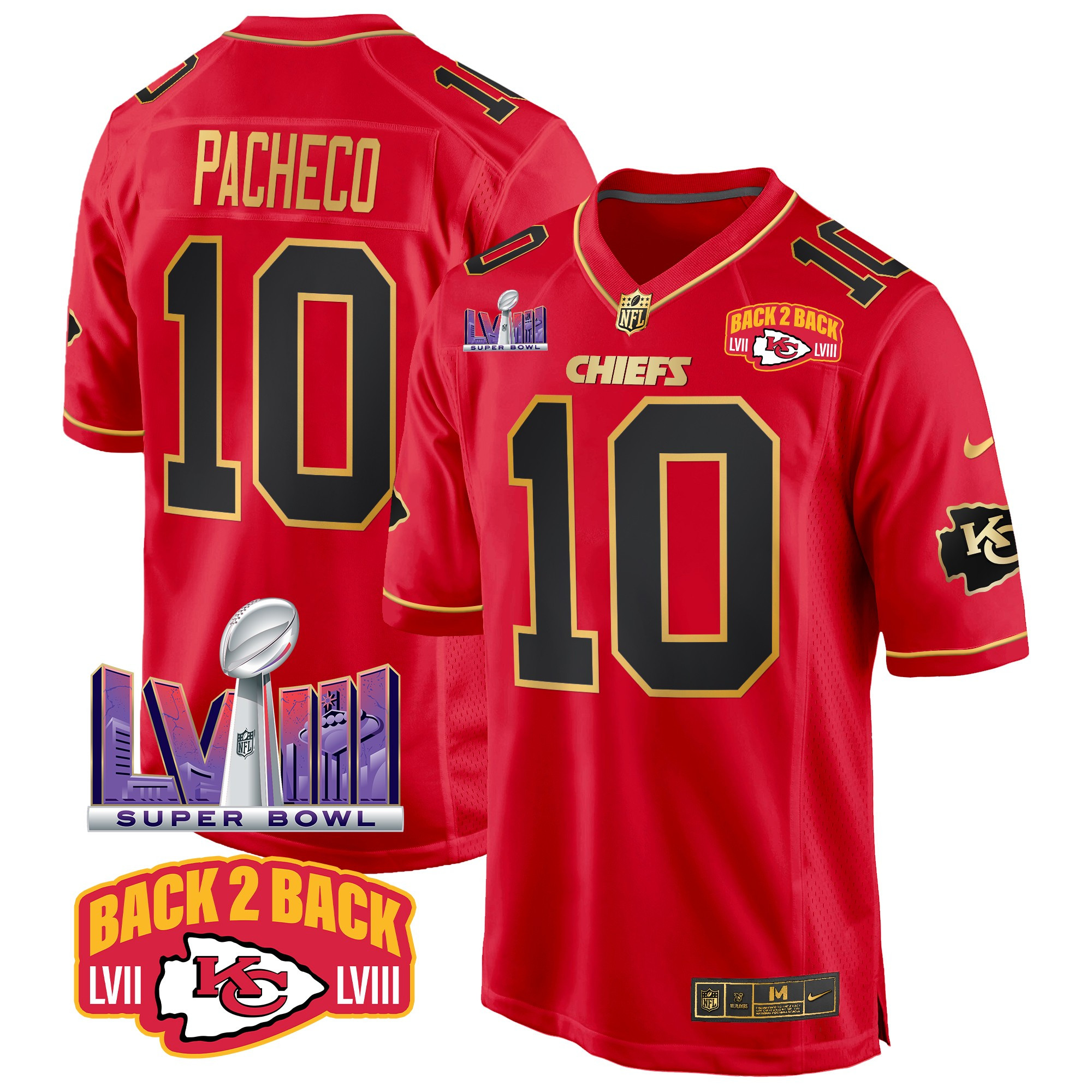 Men's Isiah Pacheco Kansas City Chiefs Super Bowl LVIII & Back 2 Back Patch Game Red Special Jersey - All Stitched
