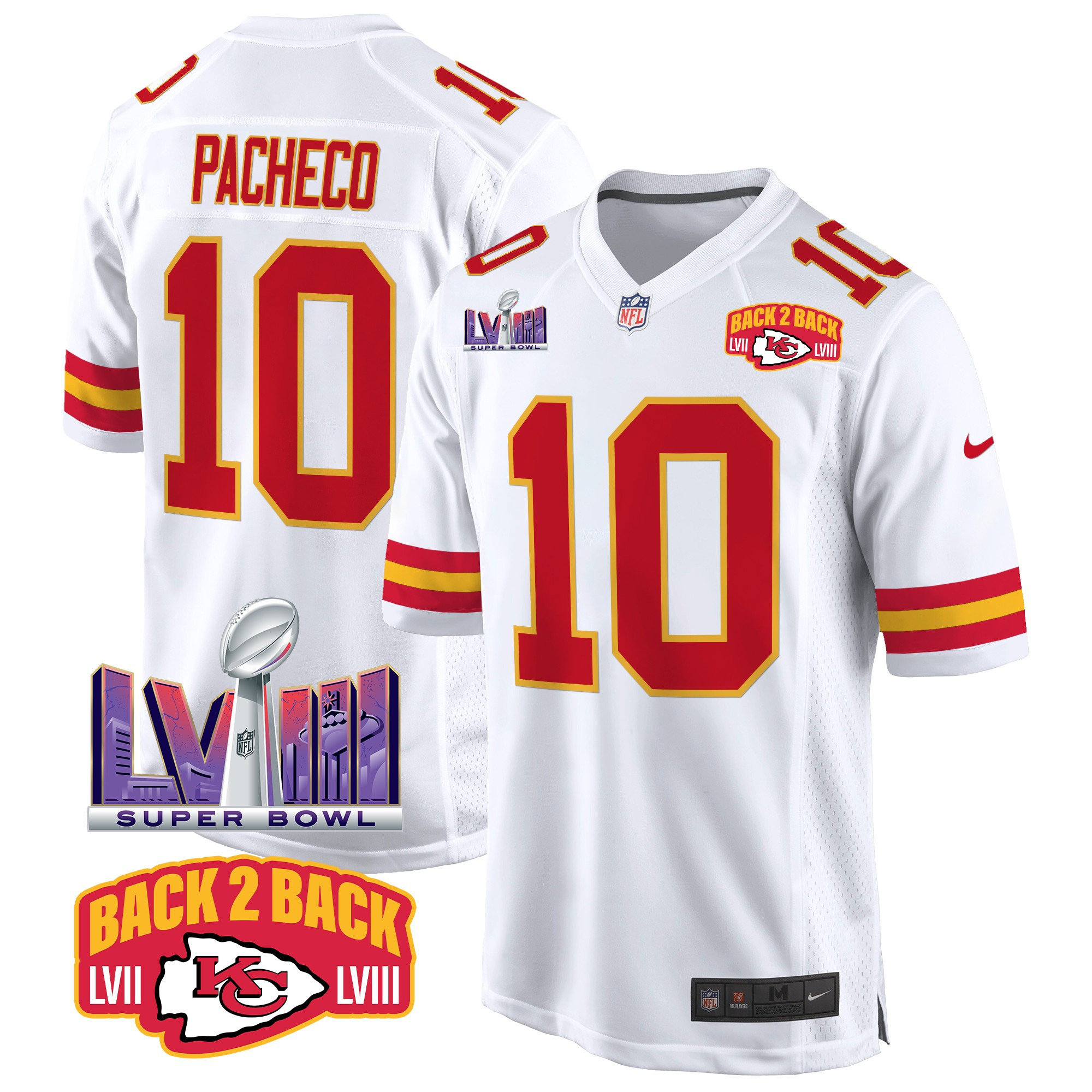 Men's Isiah Pacheco Kansas City Chiefs Super Bowl LVIII & Back 2 Back Patch Game White Jersey - All Stitched