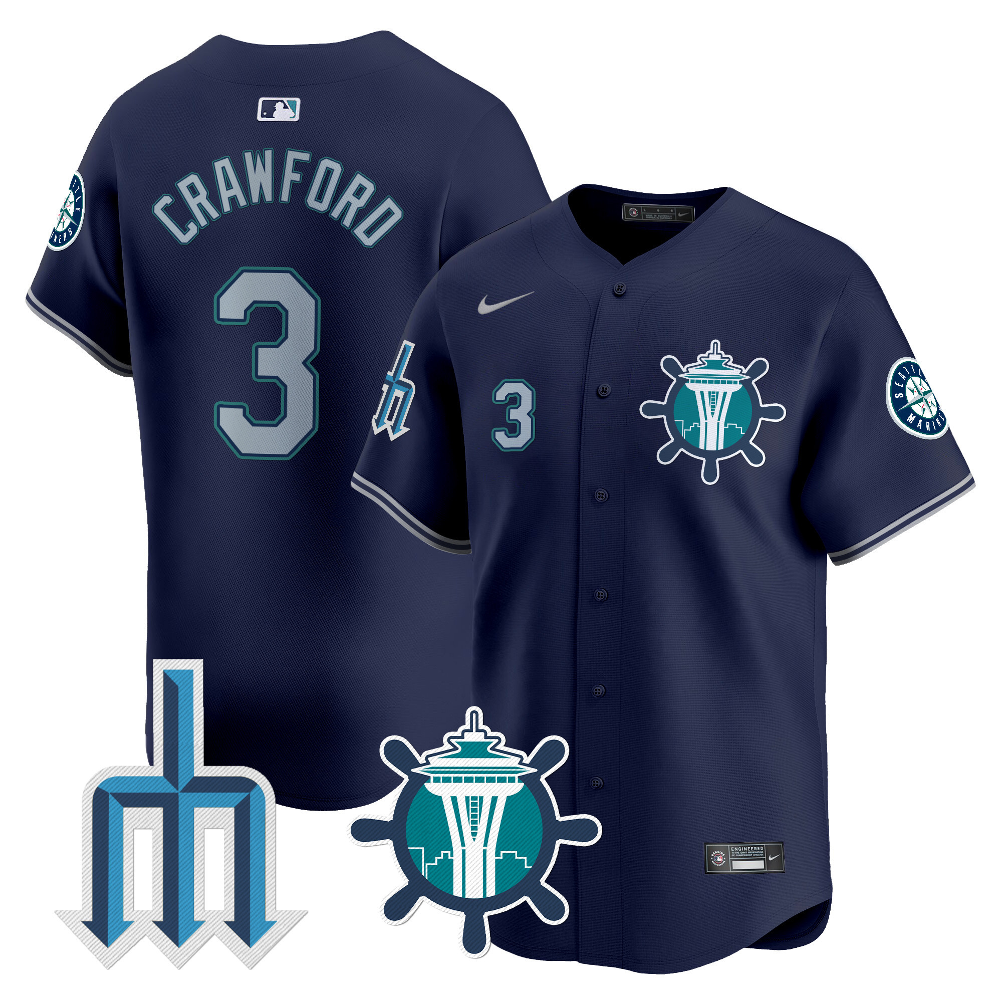 Men's J. P. Crawford Seattle Mariners Trident Patch Vapor Premier Limited Navy Jersey - All Stitched