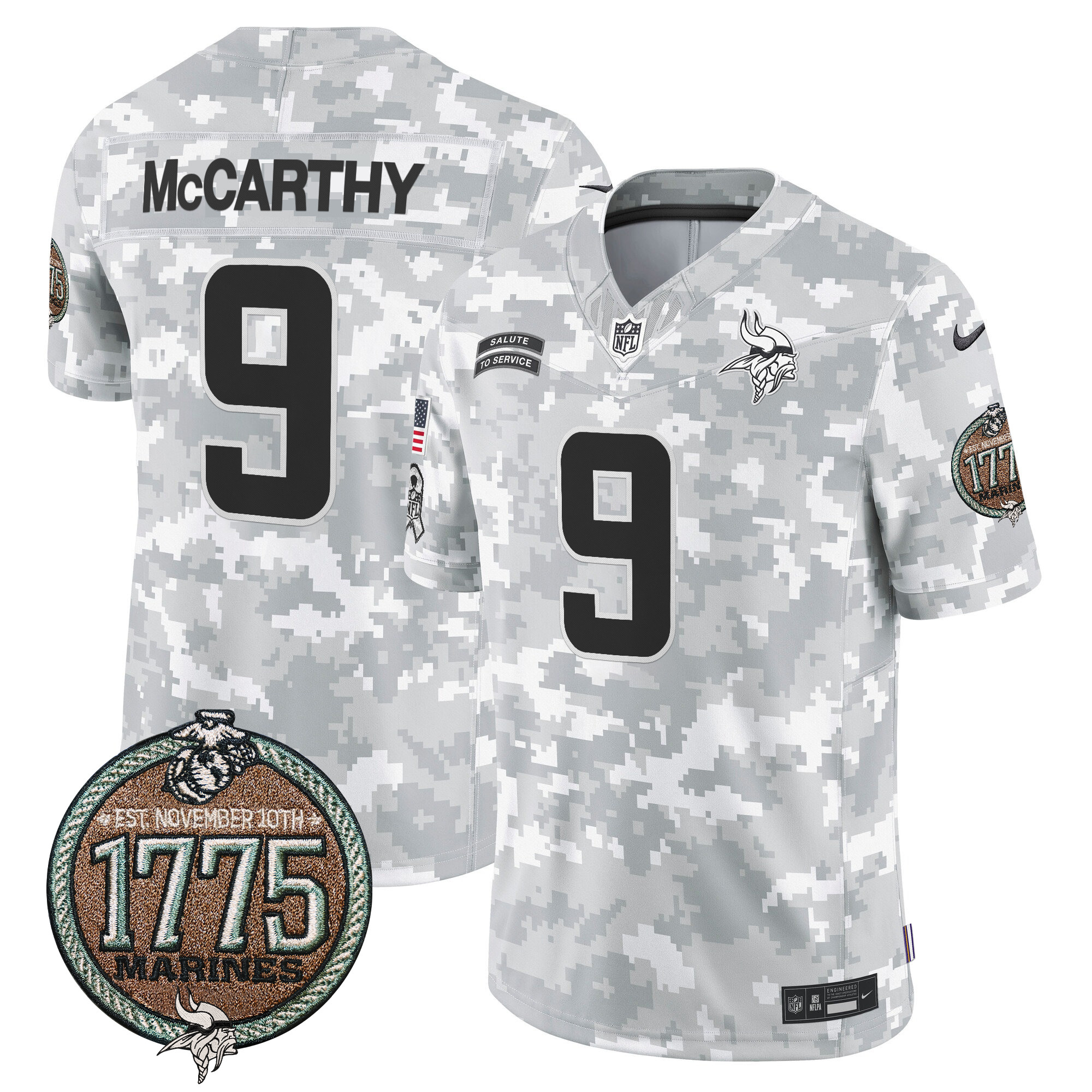 Men's J.J. McCarthy Minnesota Vikings 2024 Salute to Service Establishment Year Patch Vapor Limited Marines Jersey - All Stitched