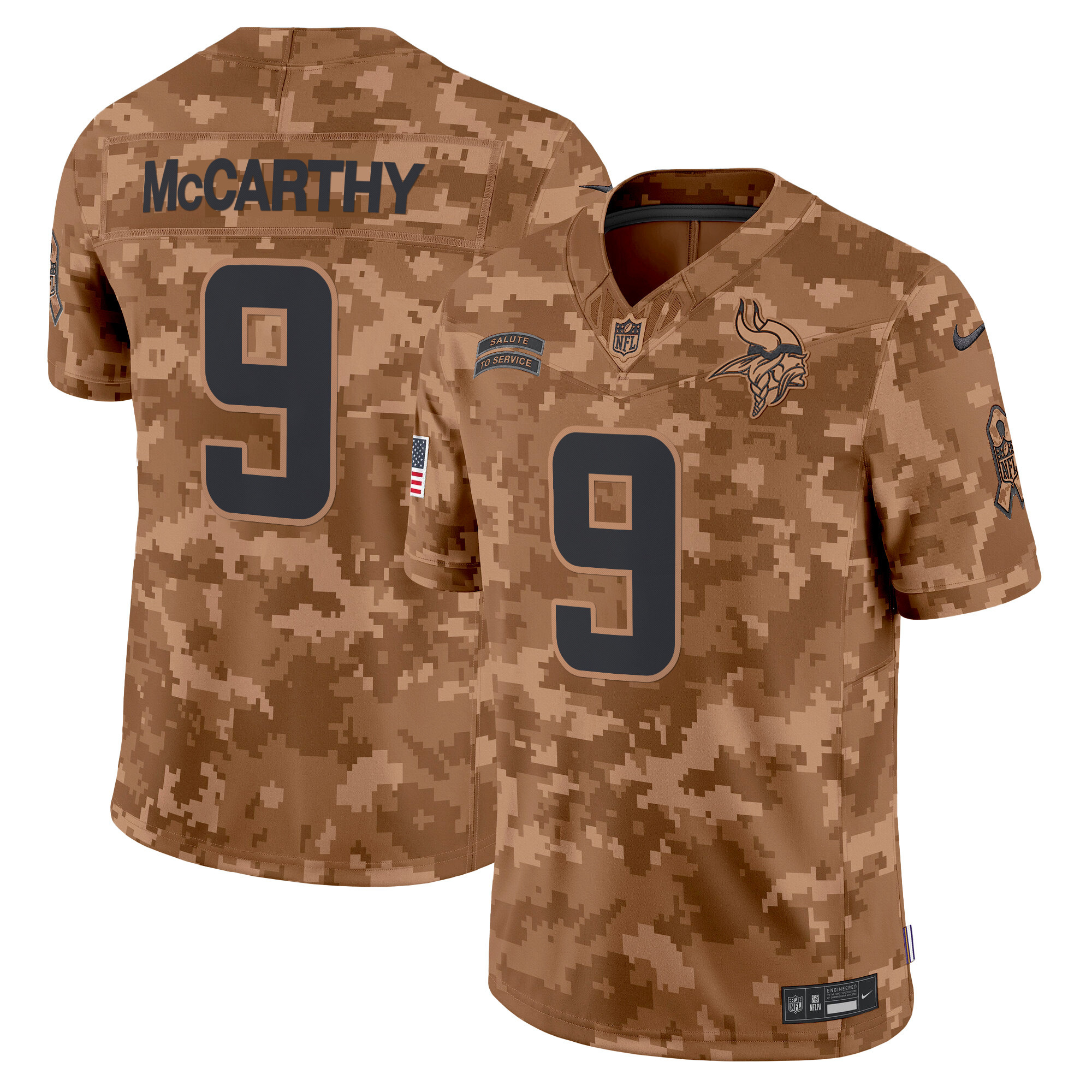 Men's J.J. McCarthy Minnesota Vikings 2024 Salute to Service Vapor Limited Brown Camo Jersey - All Stitched