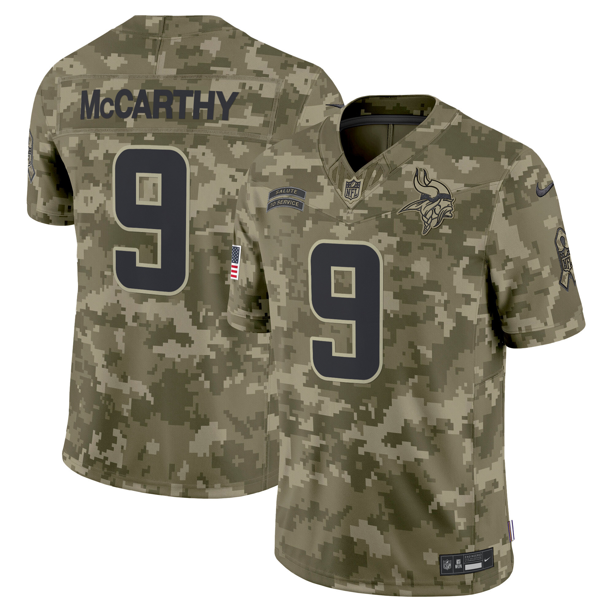 Men's J.J. McCarthy Minnesota Vikings 2024 Salute to Service Vapor Limited Olive Camo Jersey - All Stitched