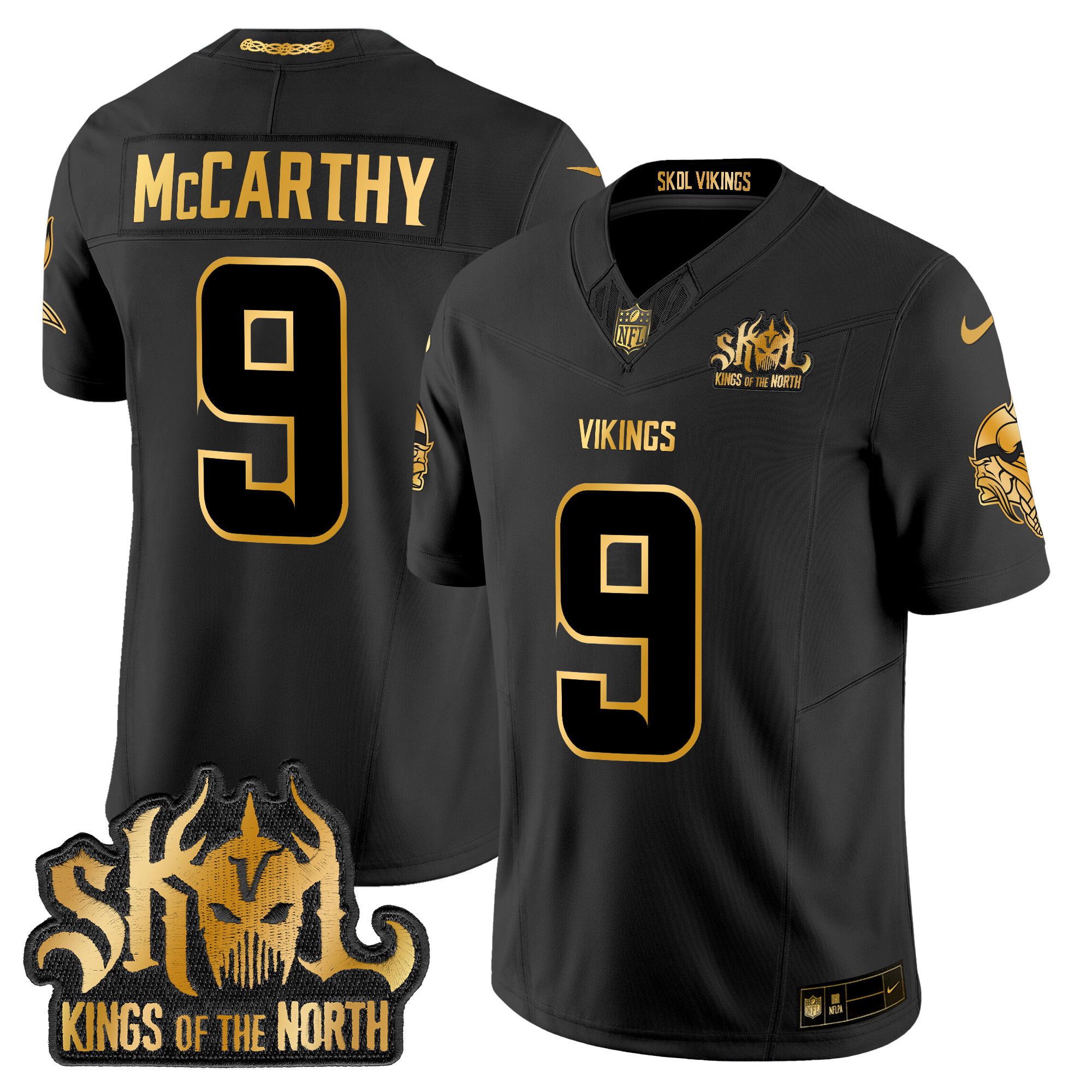 Men's J.J. McCarthy Minnesota Vikings 2024 Winter Warrior Skol Patch Gold Vapor Limited Black Gold Jersey - All Stitched