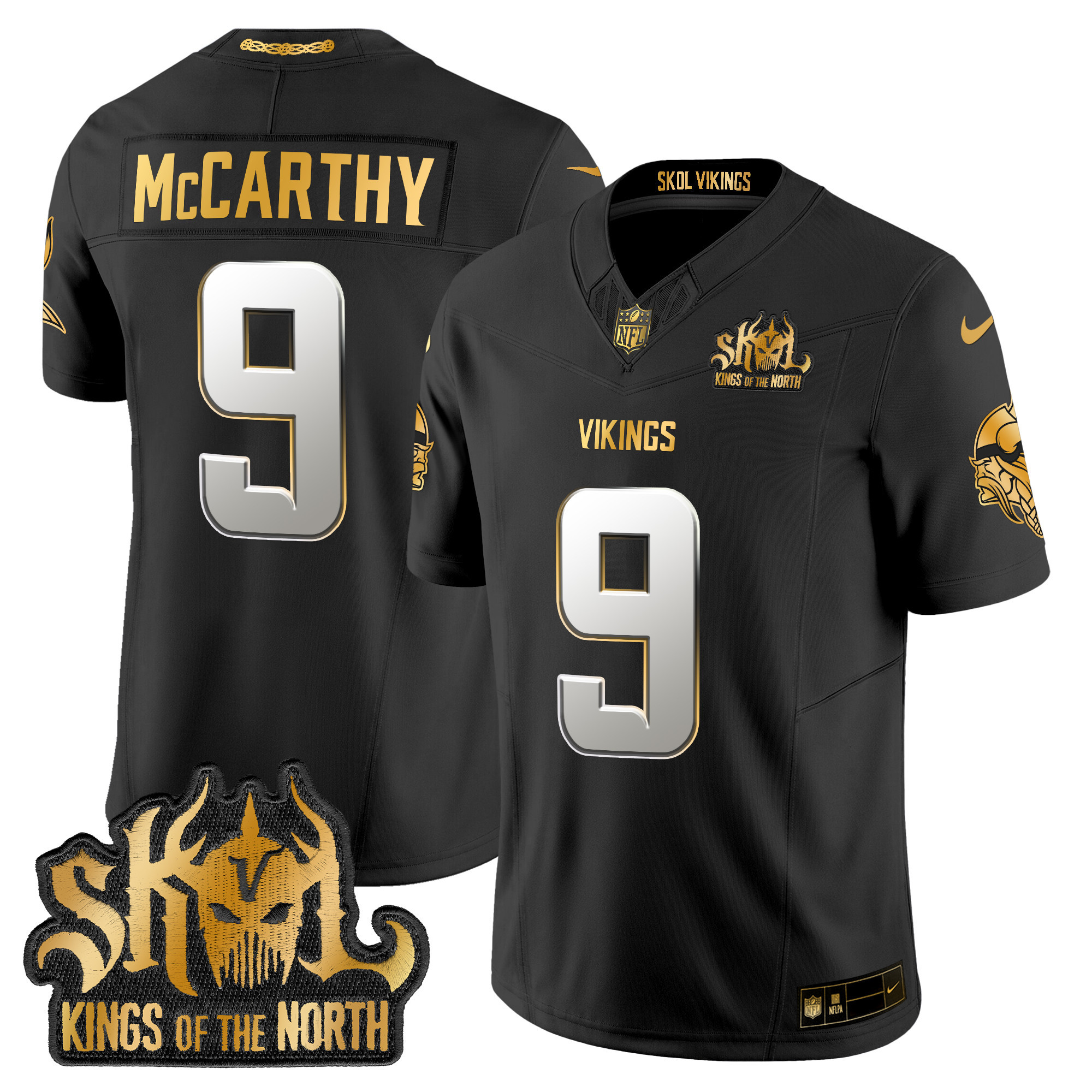 Men's J.J. McCarthy Minnesota Vikings 2024 Winter Warrior Skol Patch Gold Vapor Limited Black Limited Jersey - All Stitched