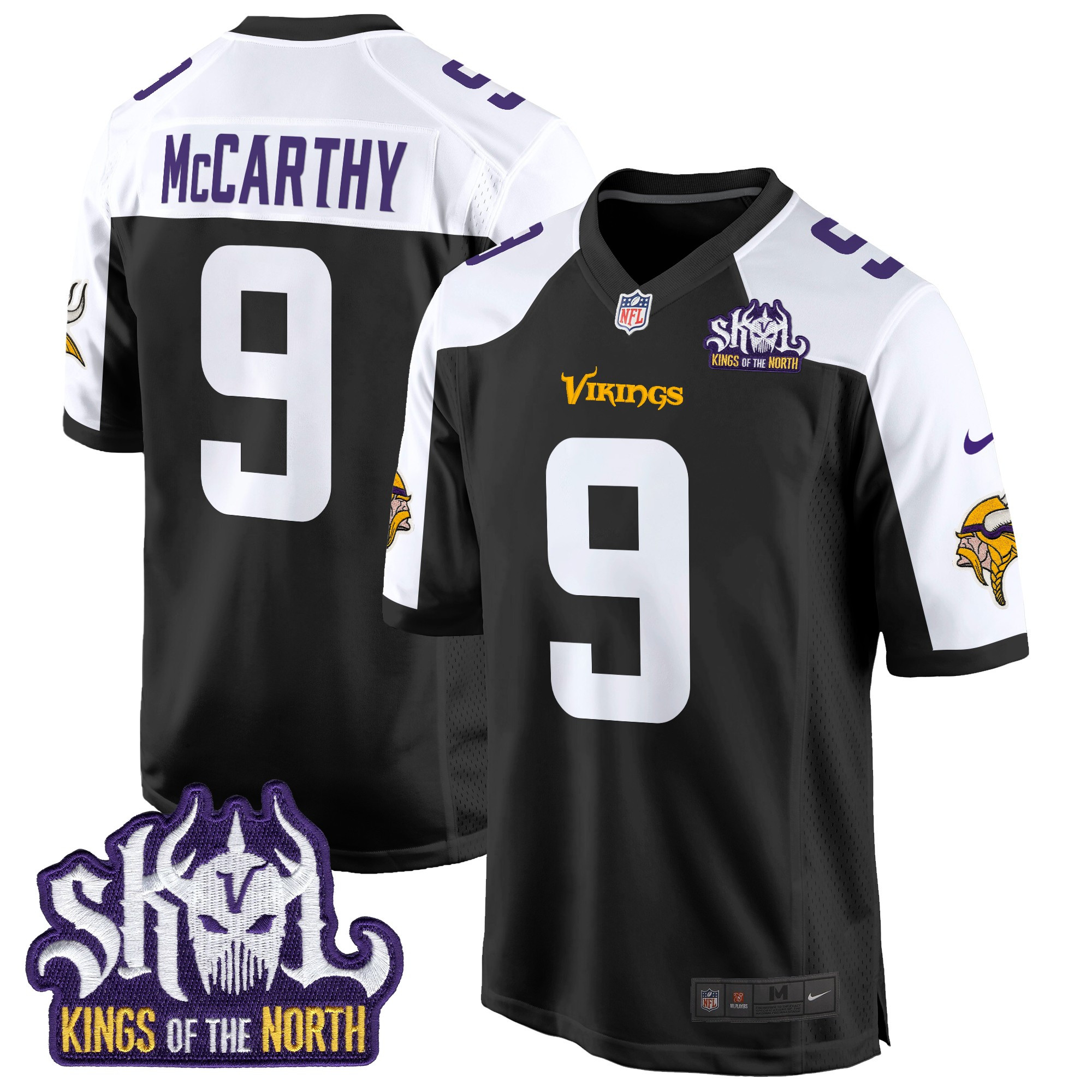 Men's J.J. McCarthy Minnesota Vikings King Of The North Patch Game Black Alternate Jersey - All Stitched