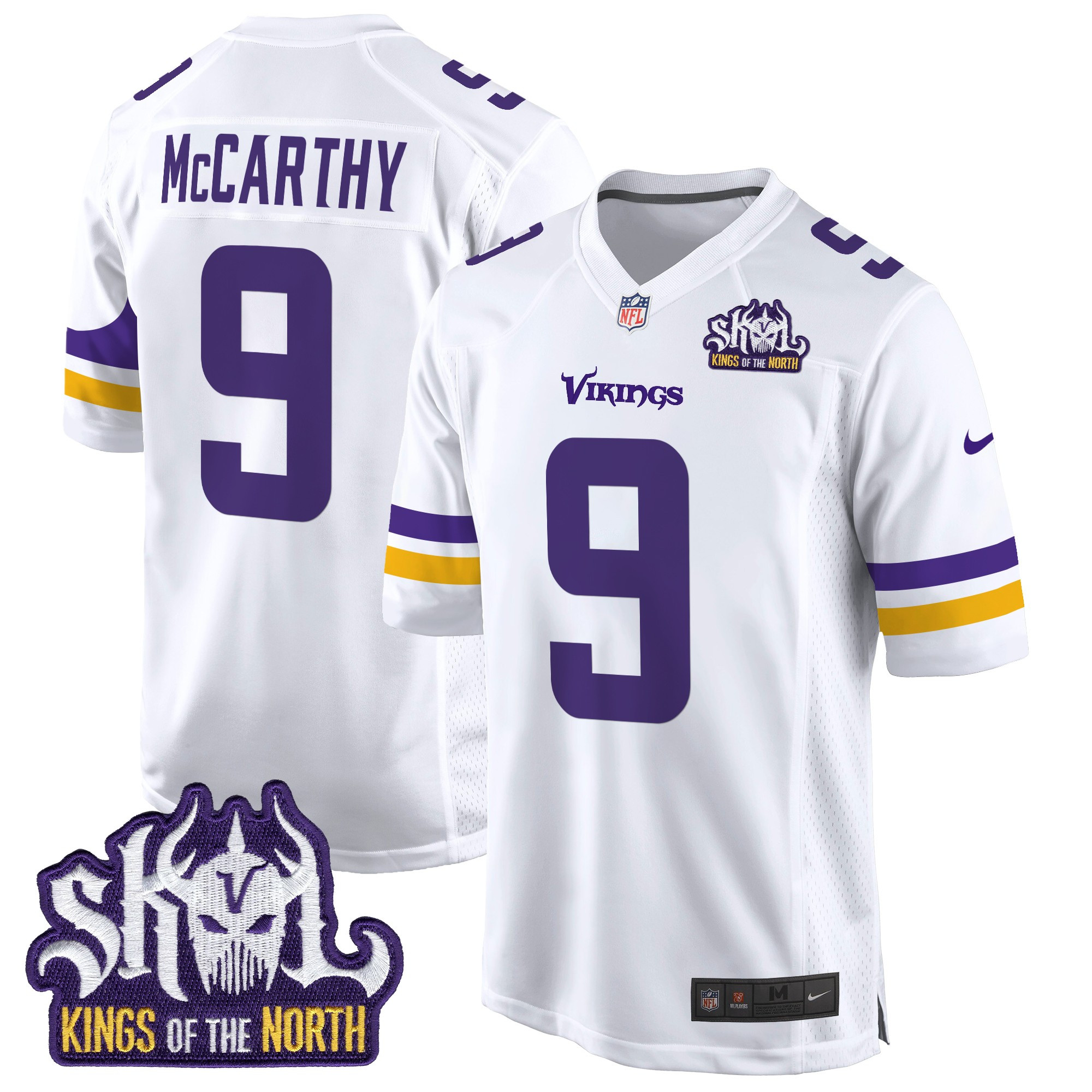 Men's J.J. McCarthy Minnesota Vikings King Of The North Patch Game White Jersey - All Stitched