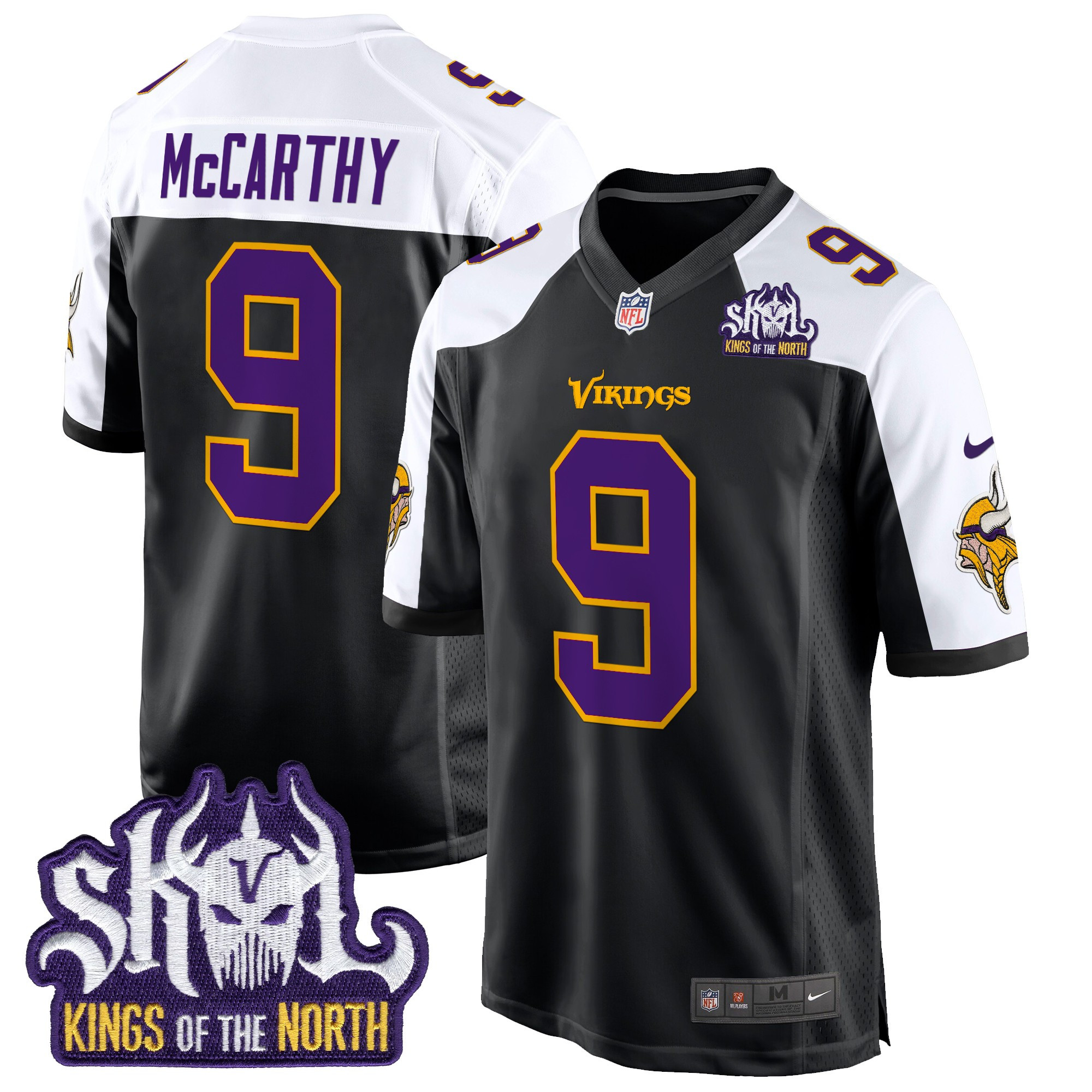 Men's J.J. McCarthy Minnesota Vikings King Of The North Patch Throwback Game Black Alternate Jersey - All Stitched