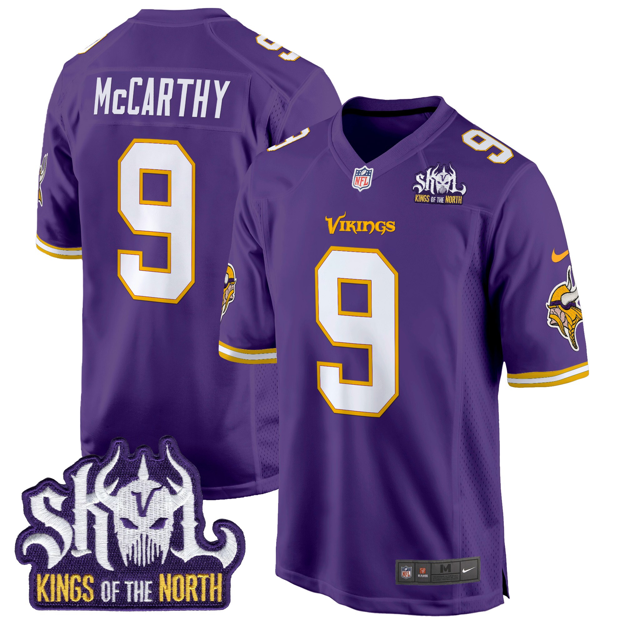 Men's J.J. McCarthy Minnesota Vikings King Of The North Patch Throwback Game Purple Jersey - All Stitched