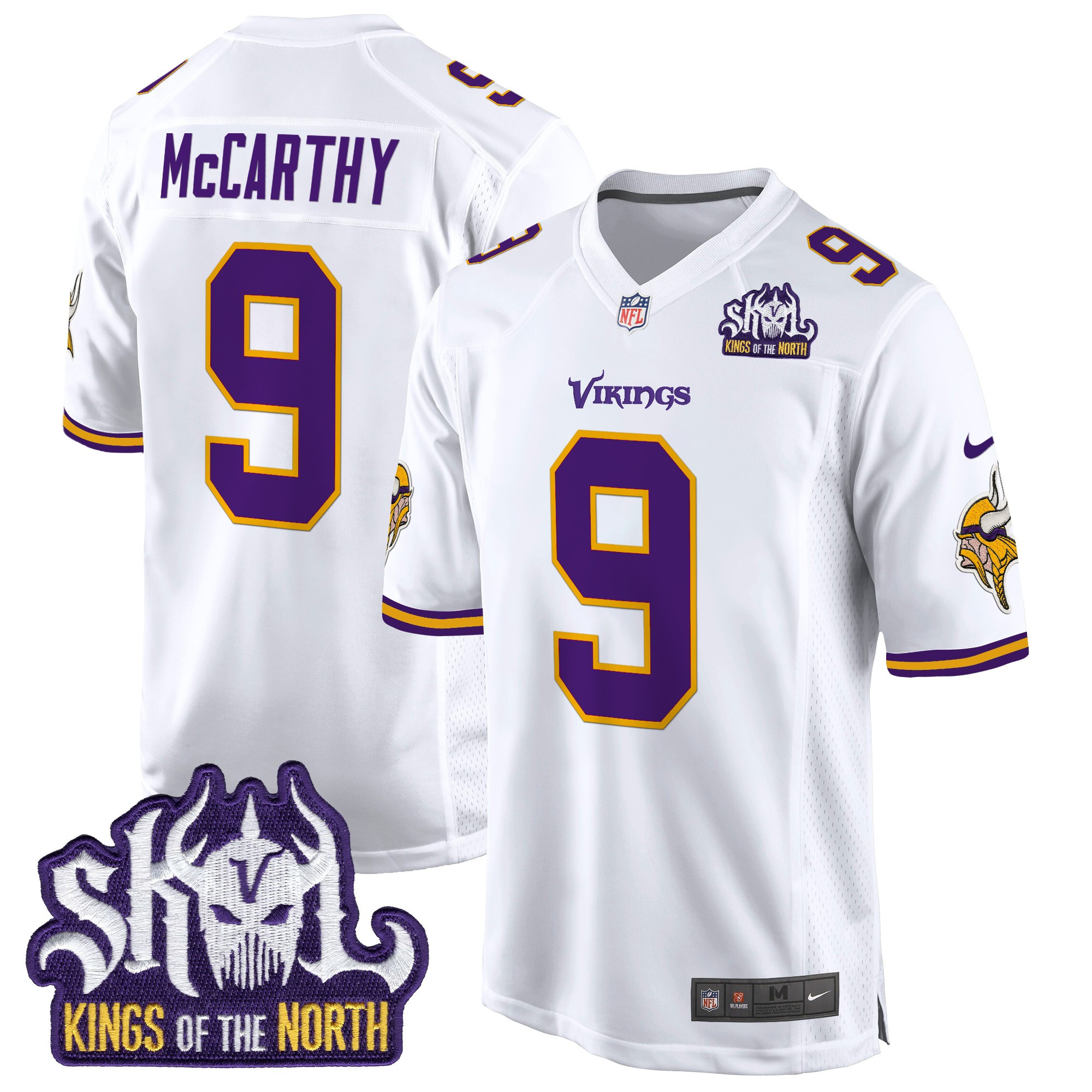Men's J.J. McCarthy Minnesota Vikings King Of The North Patch Throwback Game White Jersey - All Stitched